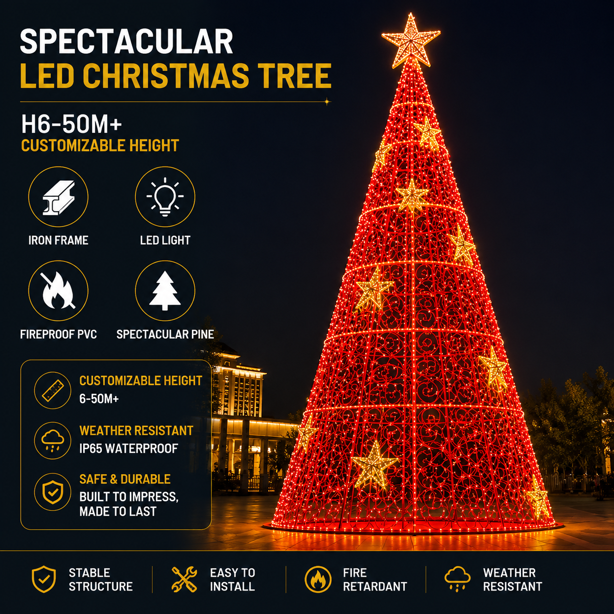 Commercial Holiday Lighting Solutions | Master-Series Giant Red Motif Tree for Holiday Events