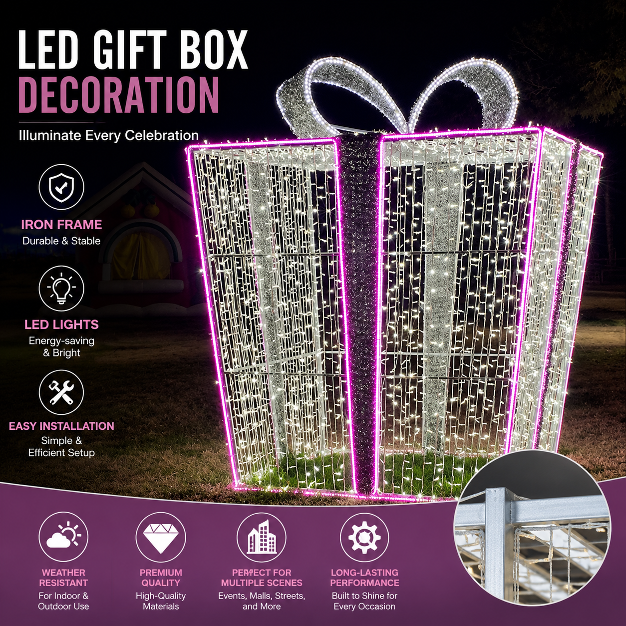 Commercial Holiday Lighting Solutions 3D LED Vibrant Pink & Cool White Gift Box | Premium Giant Present Motif Display