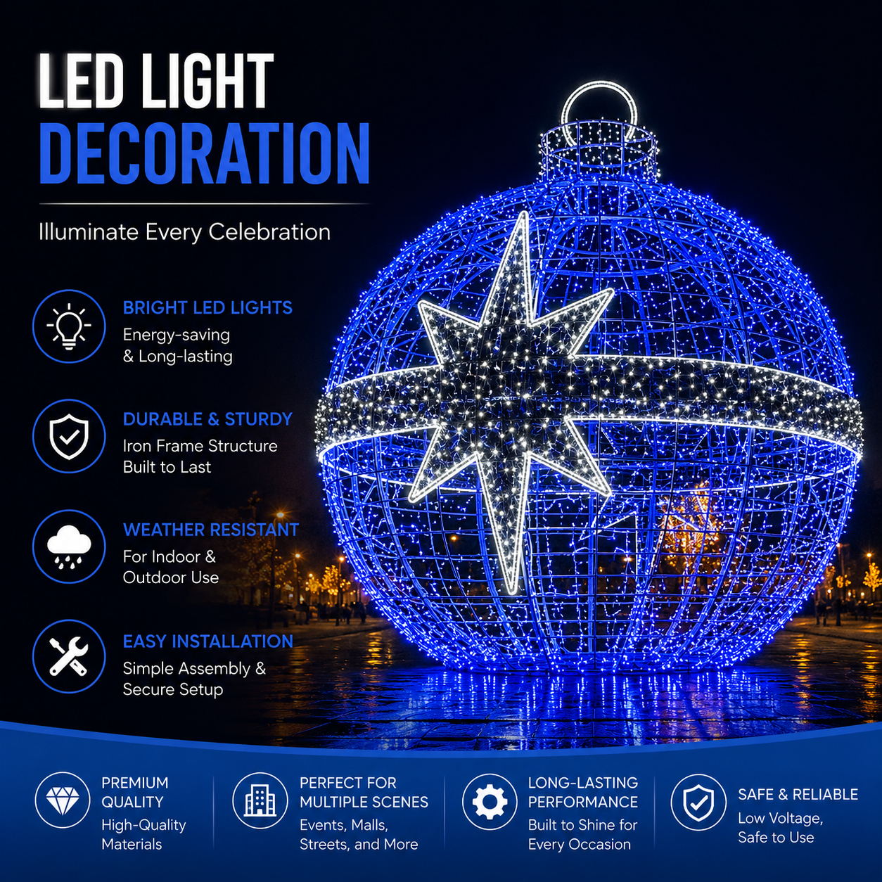 Commercial Holiday Lighting Solutions 3D LED Giant Bauble Ornament | Premium Outdoor Sphere Motif Landmark