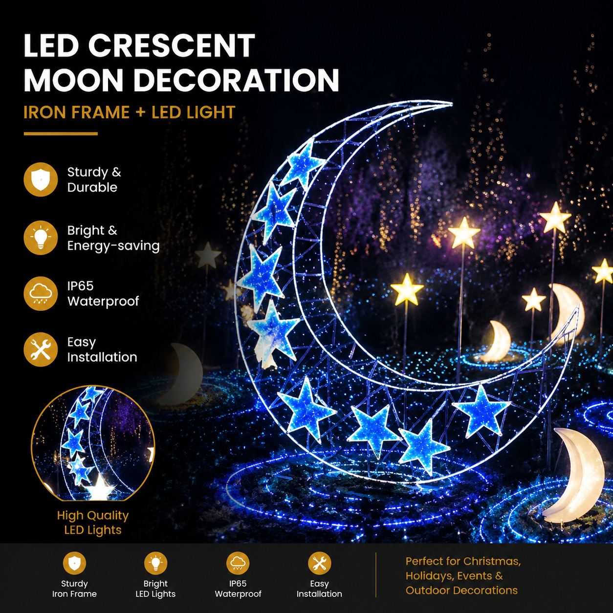 Commercial Holiday Lighting Solutions 3D LED Crescent Moon Decoration | Style E: Premium Dual-Arc Blue Star-Lined Celestial Landscape Landmark