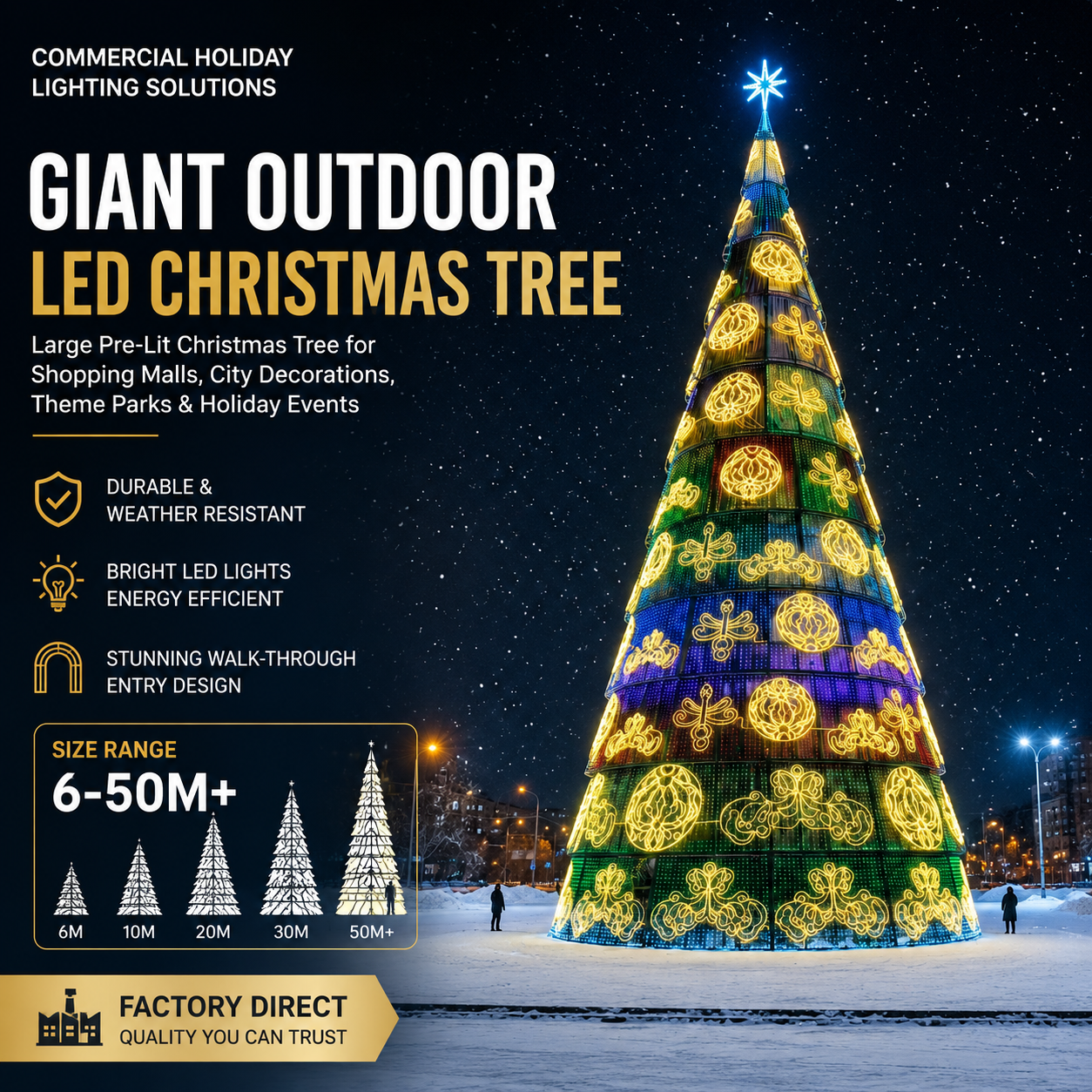Commercial Holiday Lighting Solutions | Giant Outdoor LED Christmas Tree | 6m-15m Large Pre-Lit Christmas Tree for Shopping Malls, City Decorations, Theme Parks & Holiday Events | Factory Direct