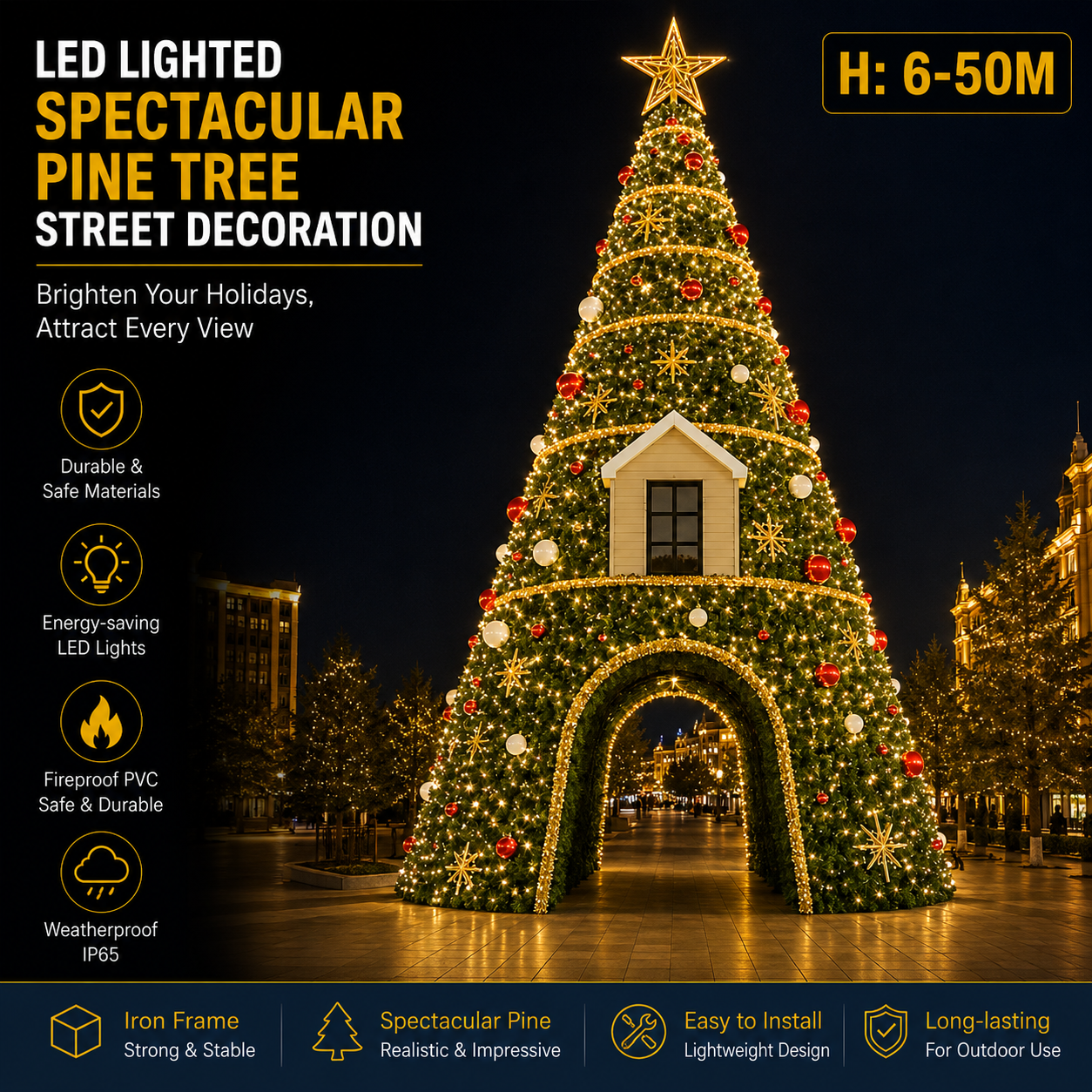 Commercial Holiday Lighting Solutions Spectacular Pine Tree | Premium 6-50M LED Walk-Through Conical Landmark Display
