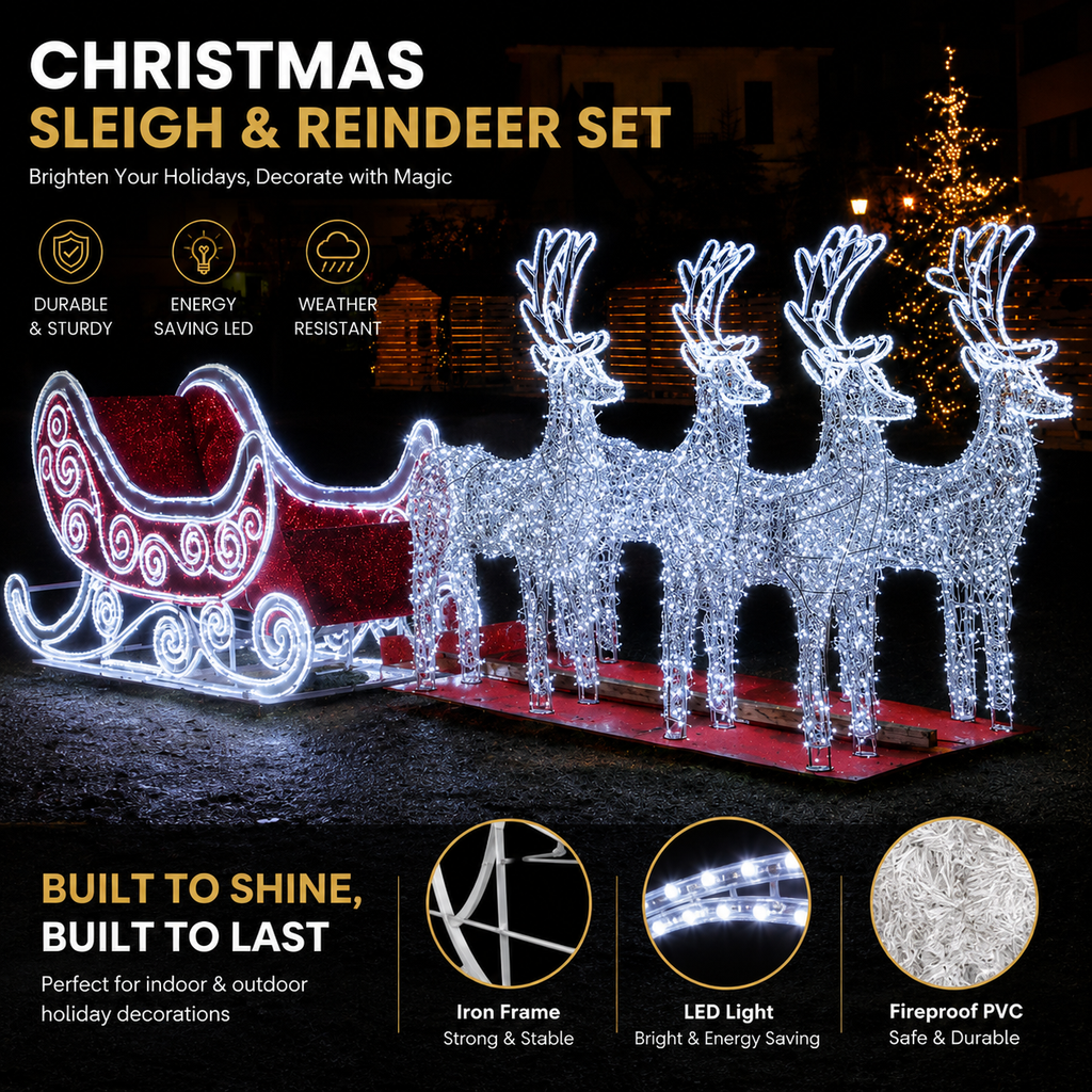 Commercial Holiday Lighting Solutions 3D LED Grand Reindeer Team and Sleigh | Premium Outdoor Festive Motif Display