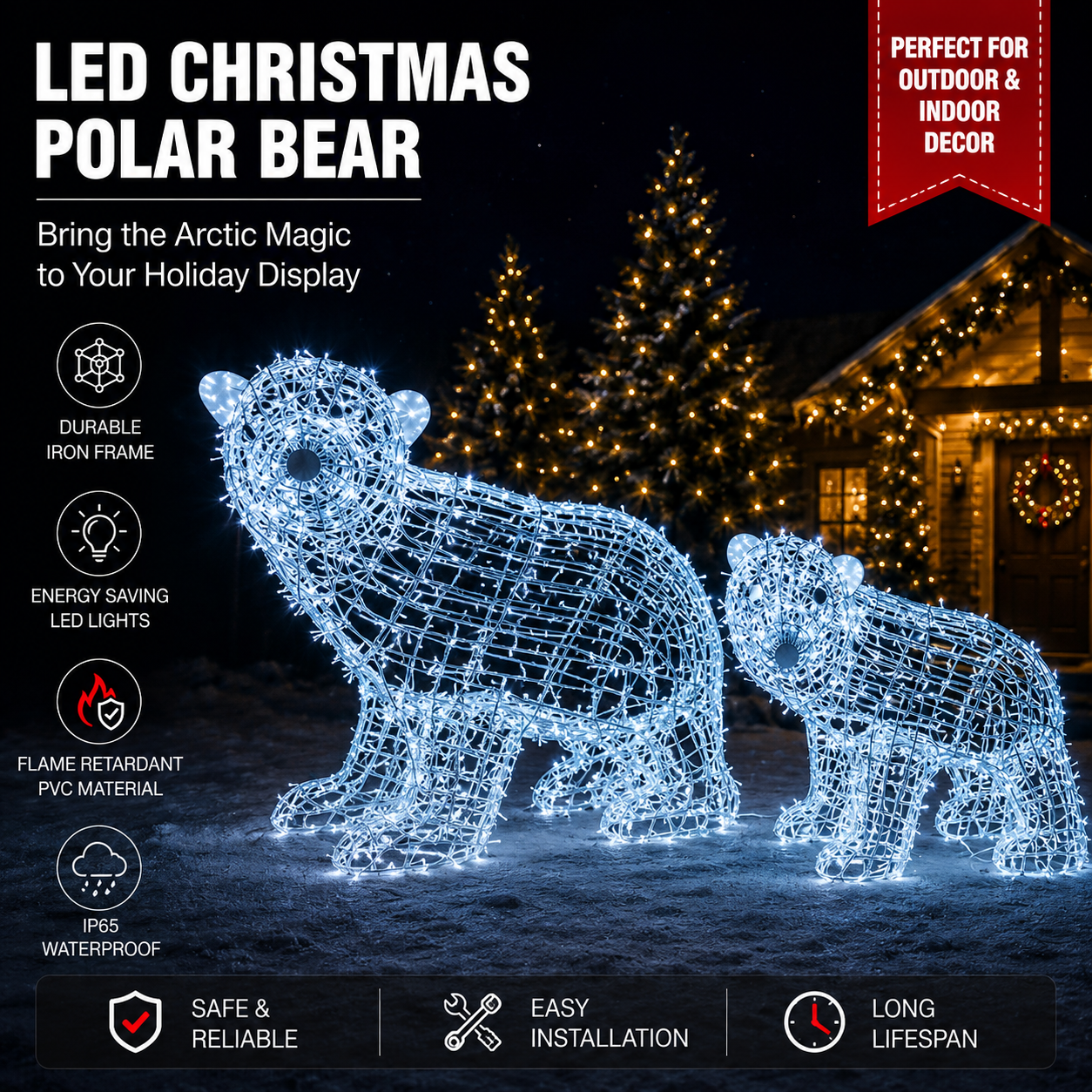 CommercialHoliday Lighting Solutions 3D LED Crystalline Polar Bear Family | Large Arctic Wireframe Motif Display