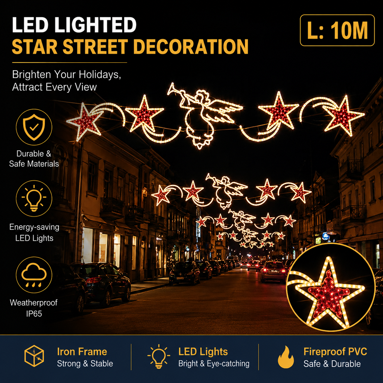 Commercial Holiday Lighting Solutions Giant LED Cross-Street Motif | Premium 10-Meter Herald Angel Canopy Sky Festival Over-the-Road Architectural Garland Illumination