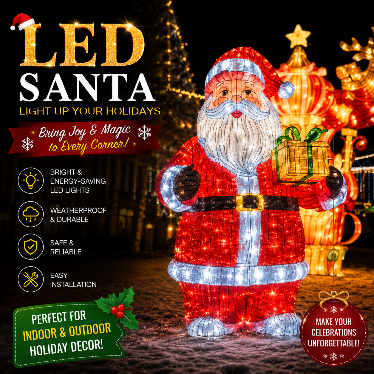 Commercial Holiday Lighting Solutions 3D LED Santa Claus Silk Lantern | Large Scale Festival Motif Display