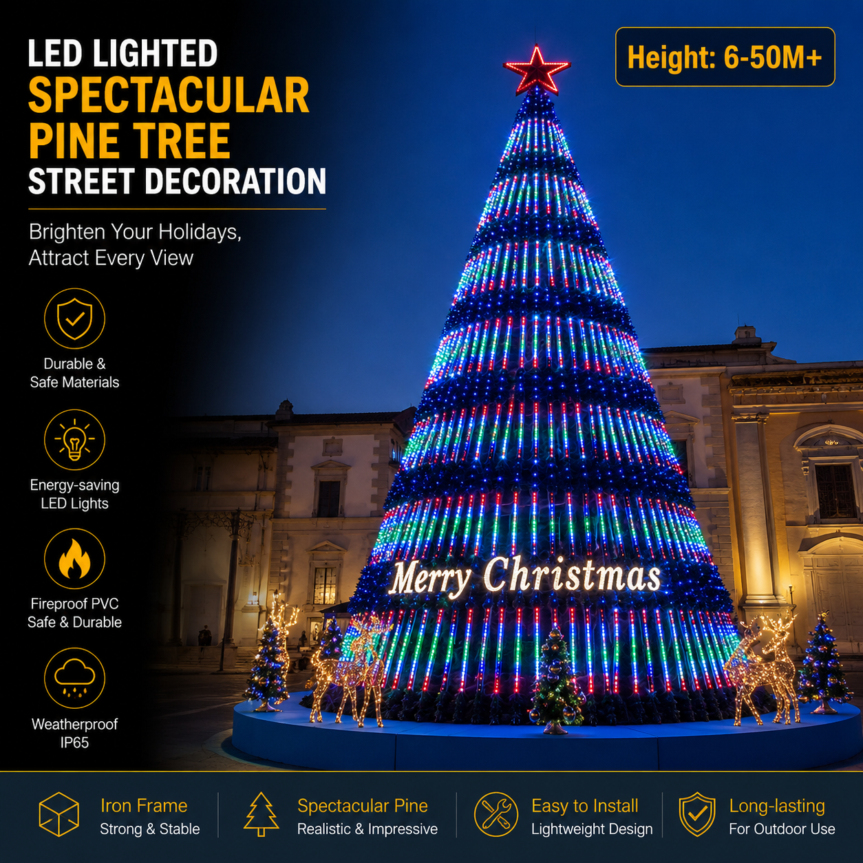 Commercial Holiday Lighting Solutions | 50M+ Master-Series Giant LED Vertical-Strip Pine Landmark – FactoryDirect Architectural Grade Festive Decoration for City Decorations and Holiday Events