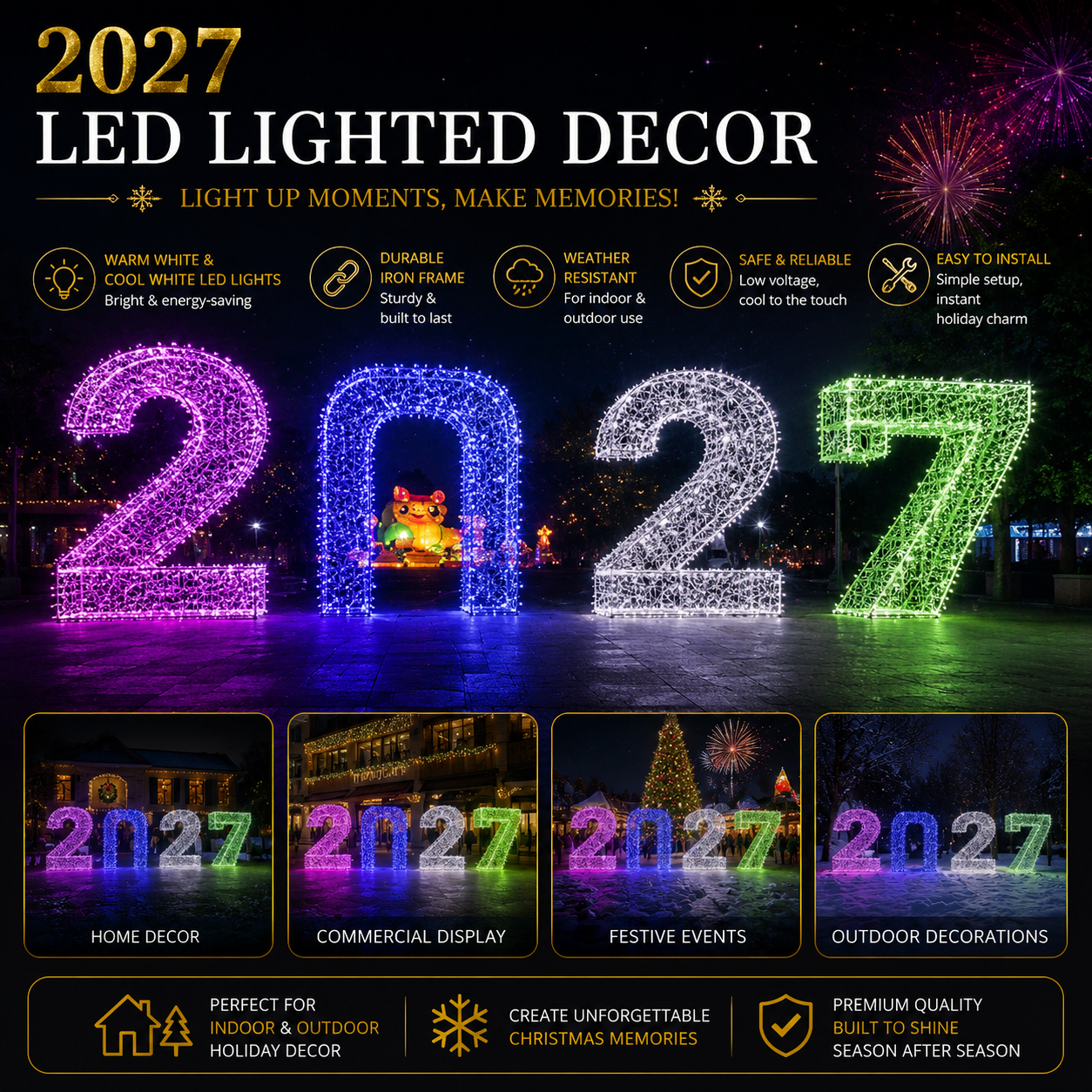 Commercial Holiday Lighting Solutions 3D LED 2027 New Year Multi-Color Walkthrough Tunnel | Premium Giant Festive Landmark Display