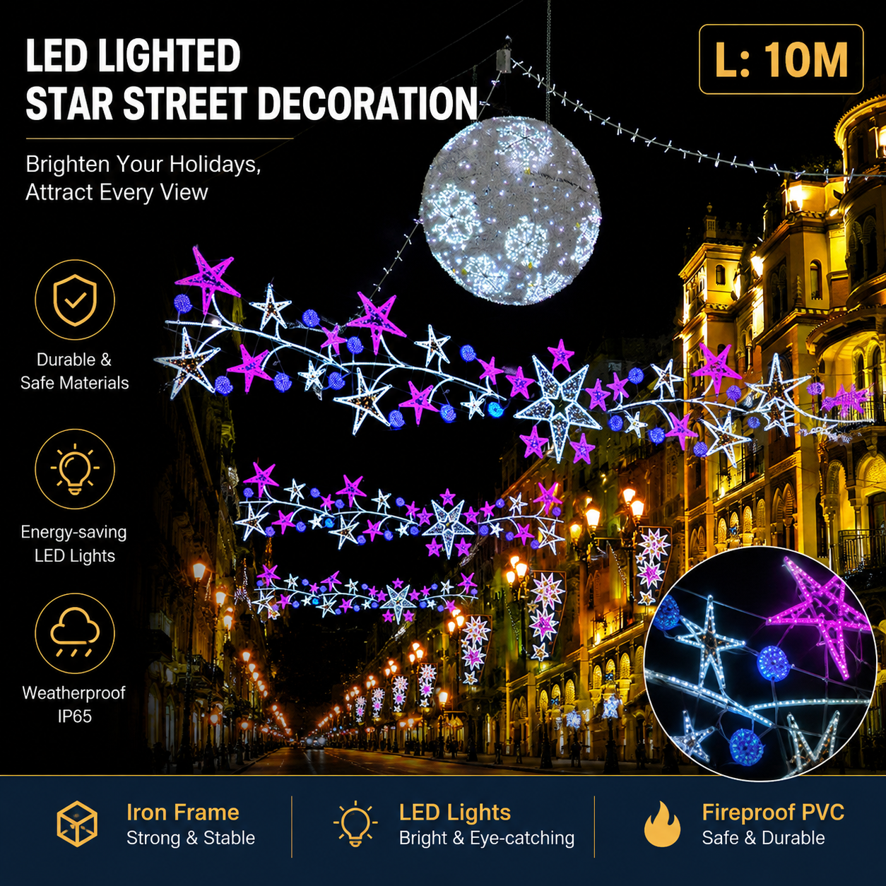 Commercial Holiday Lighting Solutions Giant LED Cross-Street Motif | Premium 10-Meter Starry Canopy Sky Festival Over-the-Road Architectural Garland Illumination