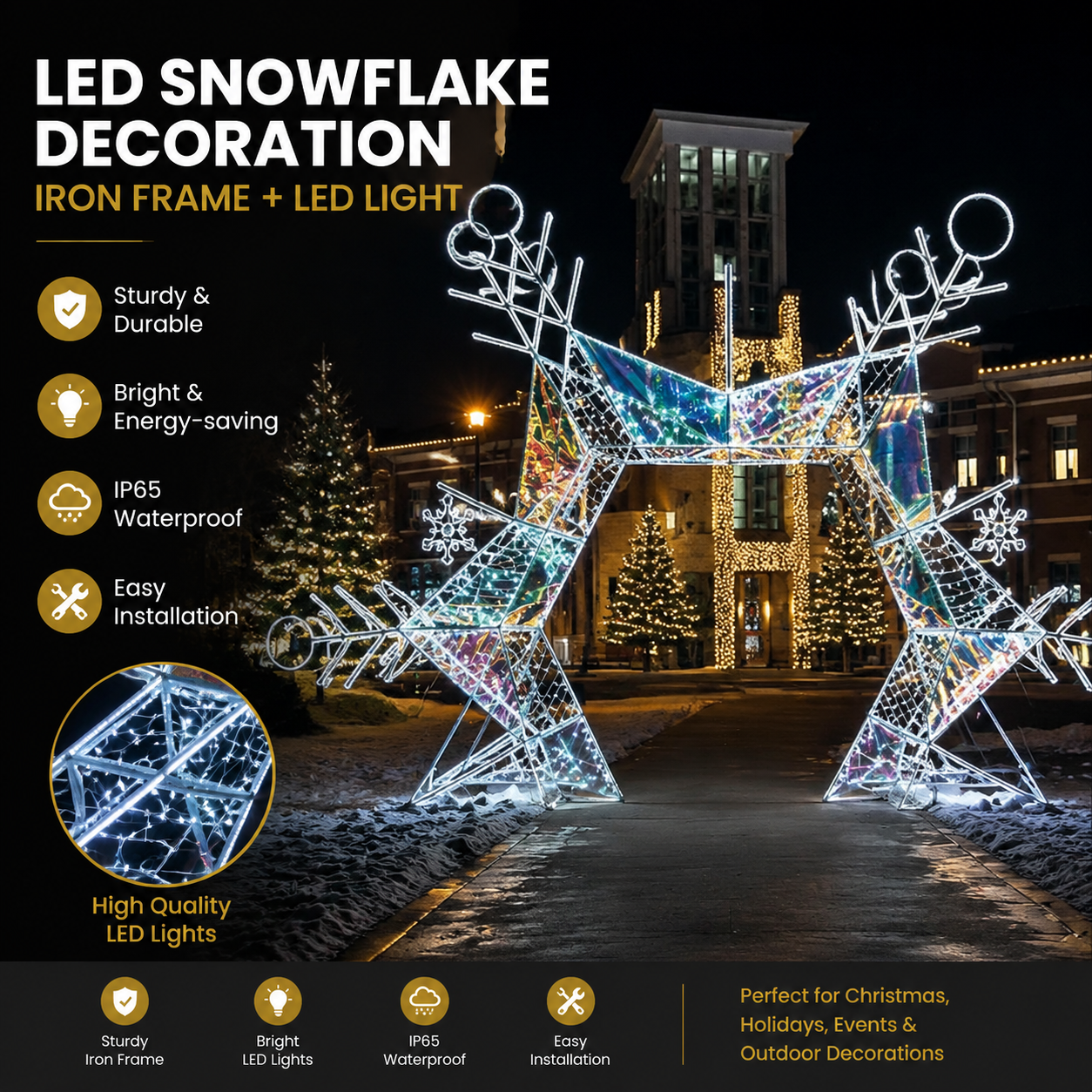 Commercial Holiday Lighting Solutions Walk-Through 3D LED Snowflake Archway | Premium Dichroic Iridescent Geometric Festival Gate