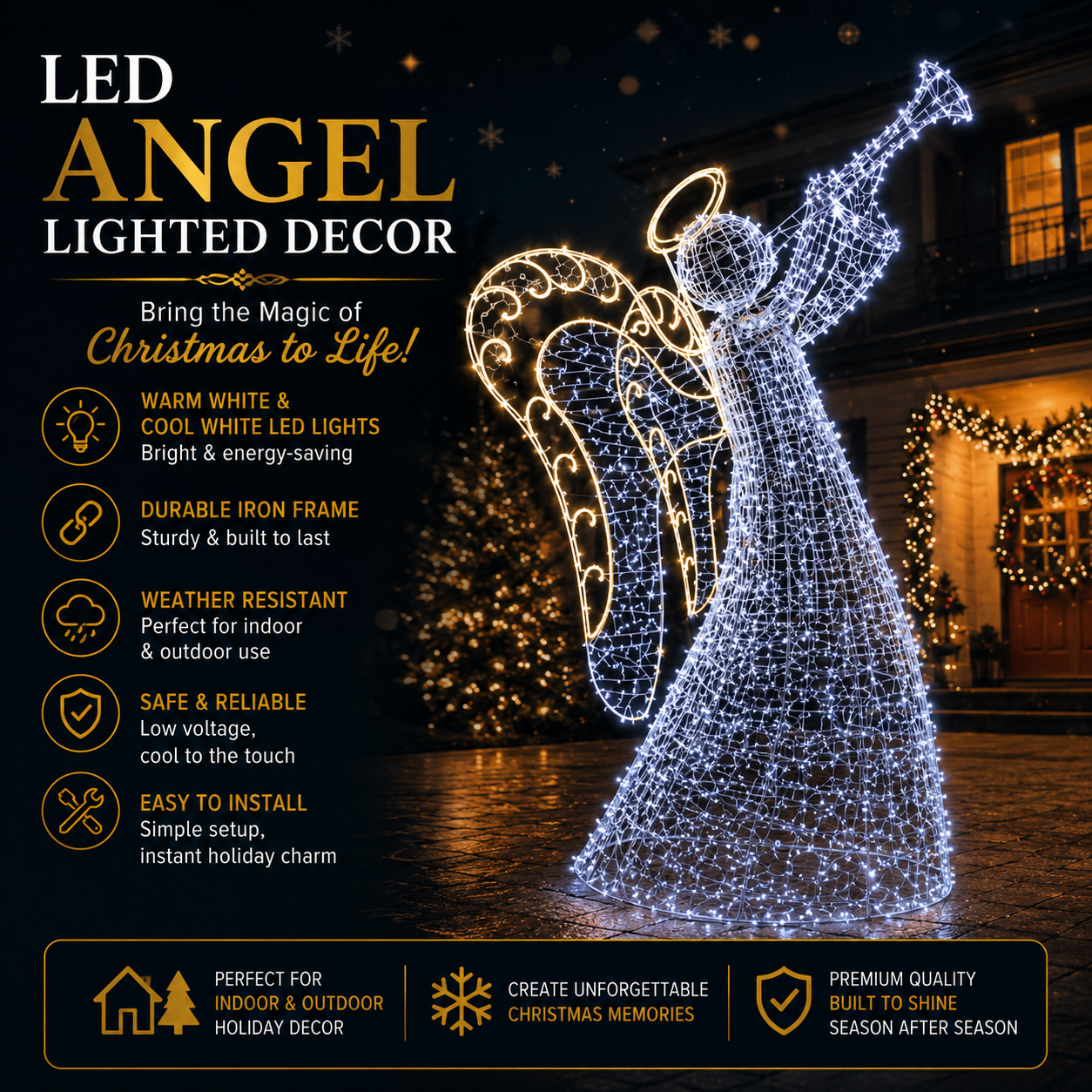 Commercial Holiday Lighting Solutions 3D LED Illuminated Divine Angel | Premium Outdoor Dynamic Trumpeting Angel Motif