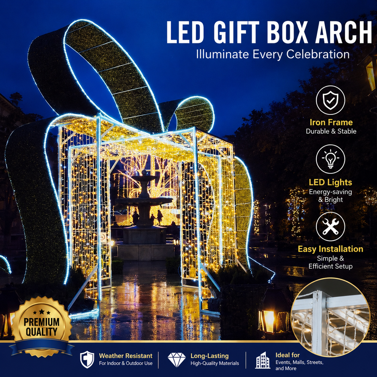 Commercial Holiday Lighting Solutions 3D LED Elegant Bow Gateway | Premium Outdoor Garland Gift Box Walk-Through Arch