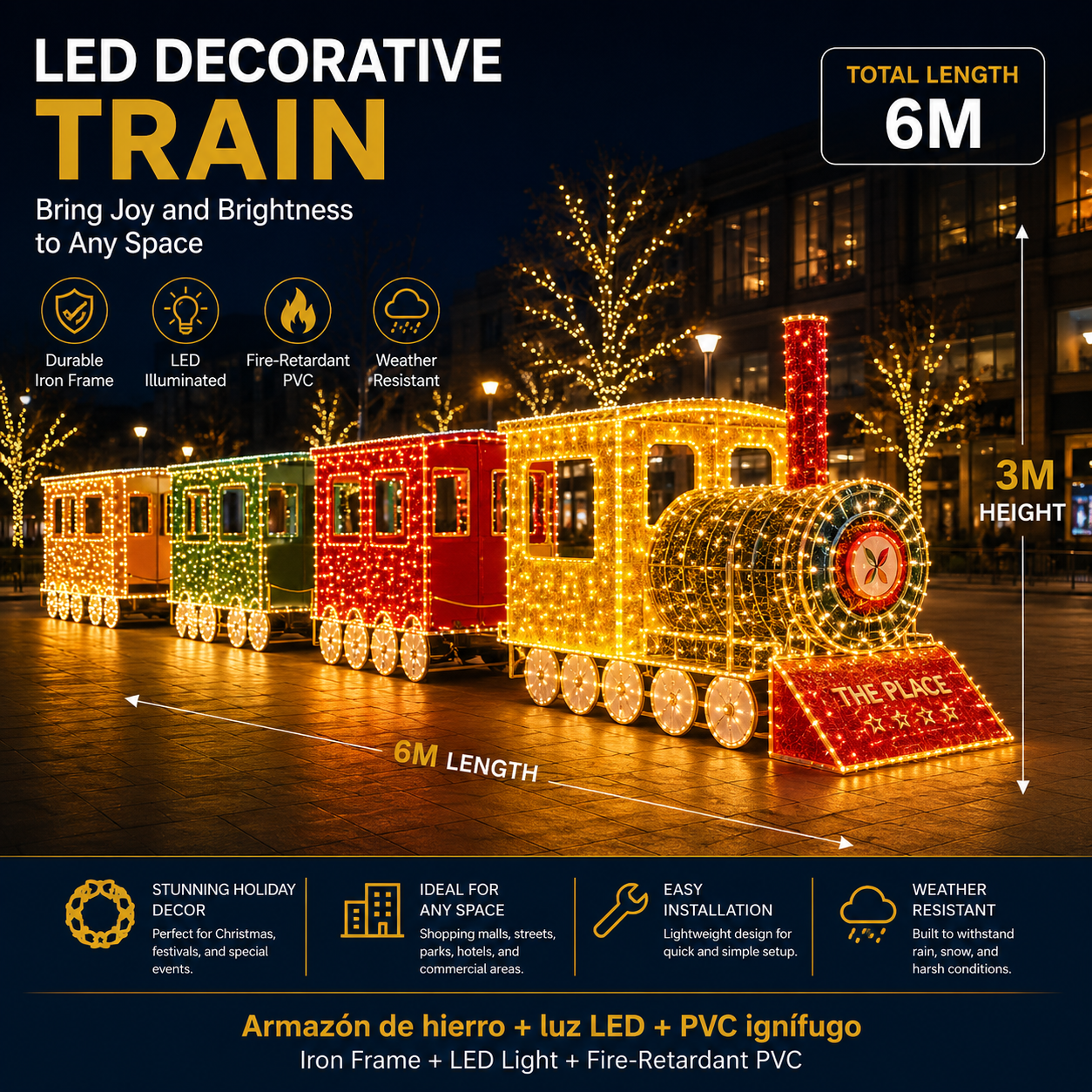 Commercial Holiday Lighting Solutions Giant 3D LED Decorative Train Display | Premium 6-Meter Classic Gold & Crimson Express Plaza Landscape Landmark