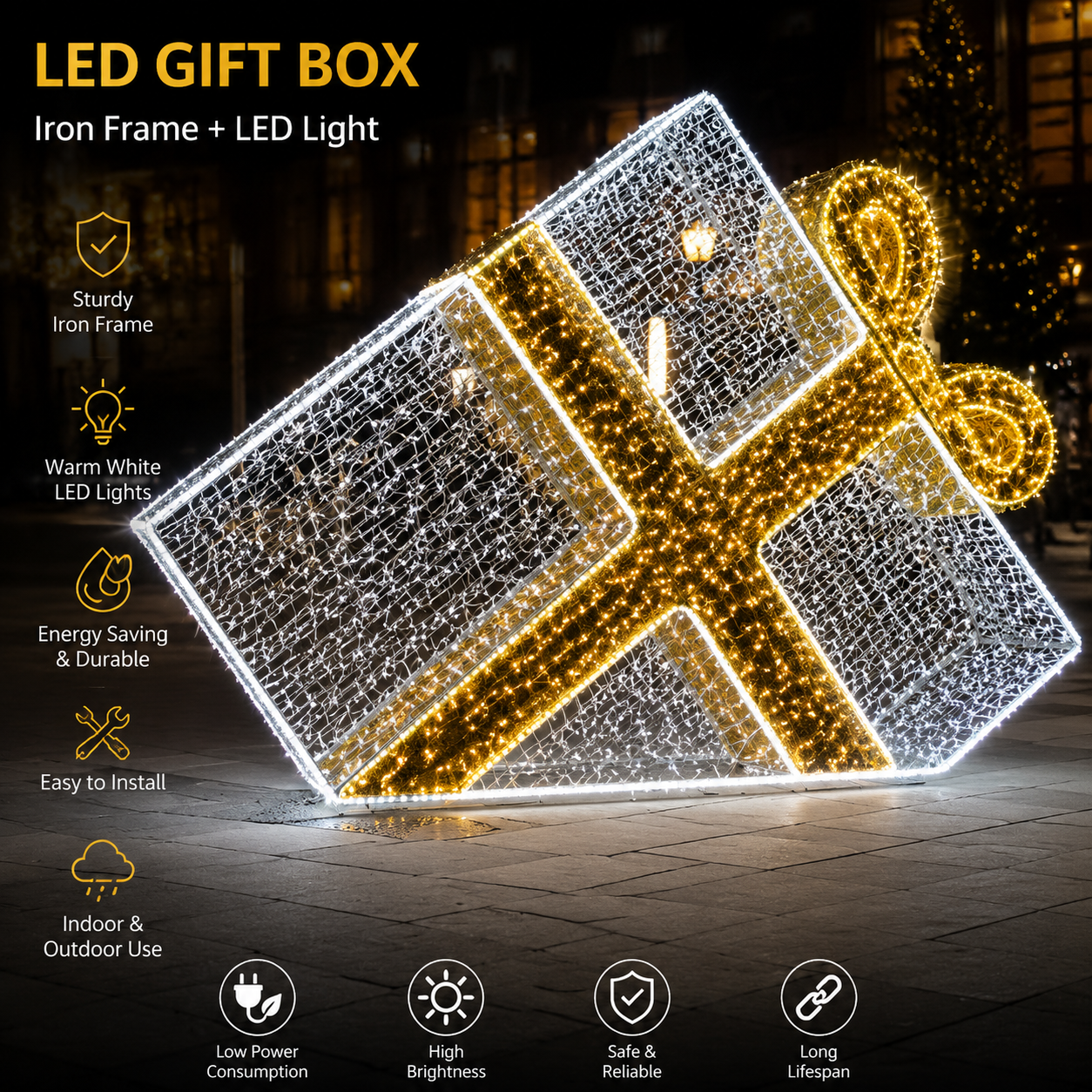 Commercial Holiday Lighting Solutions 3D LED Tilted Gift Box Centerpiece | Premium Outdoor Illuminated Present Sculpture
