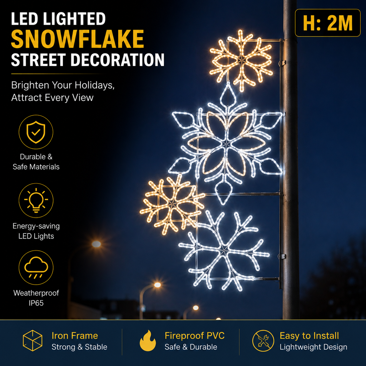 Commercial Holiday Lighting Solutions LED Pole-Mounted Motif | Premium 2-Meter Stacked Winter Snowflake Streetscape Pillar Garland Light Installation