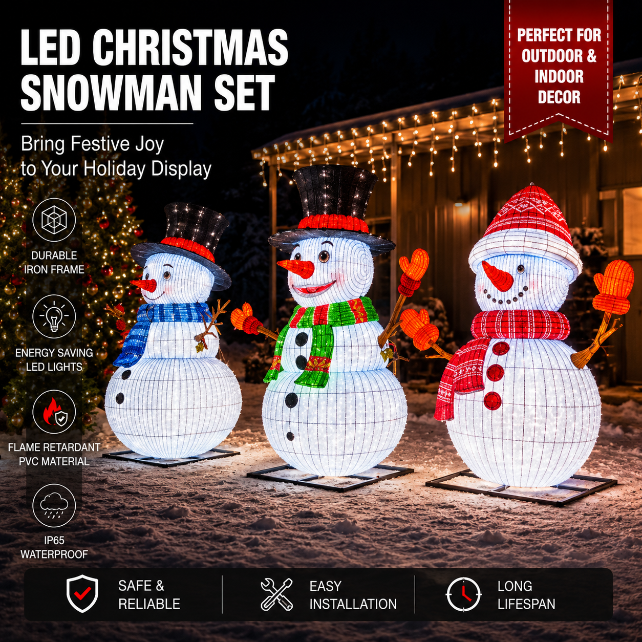 CommercialHolidayLightingSolutions 3D LED Christmas Snowman Lantern Family | Large Silk Motif Display Set