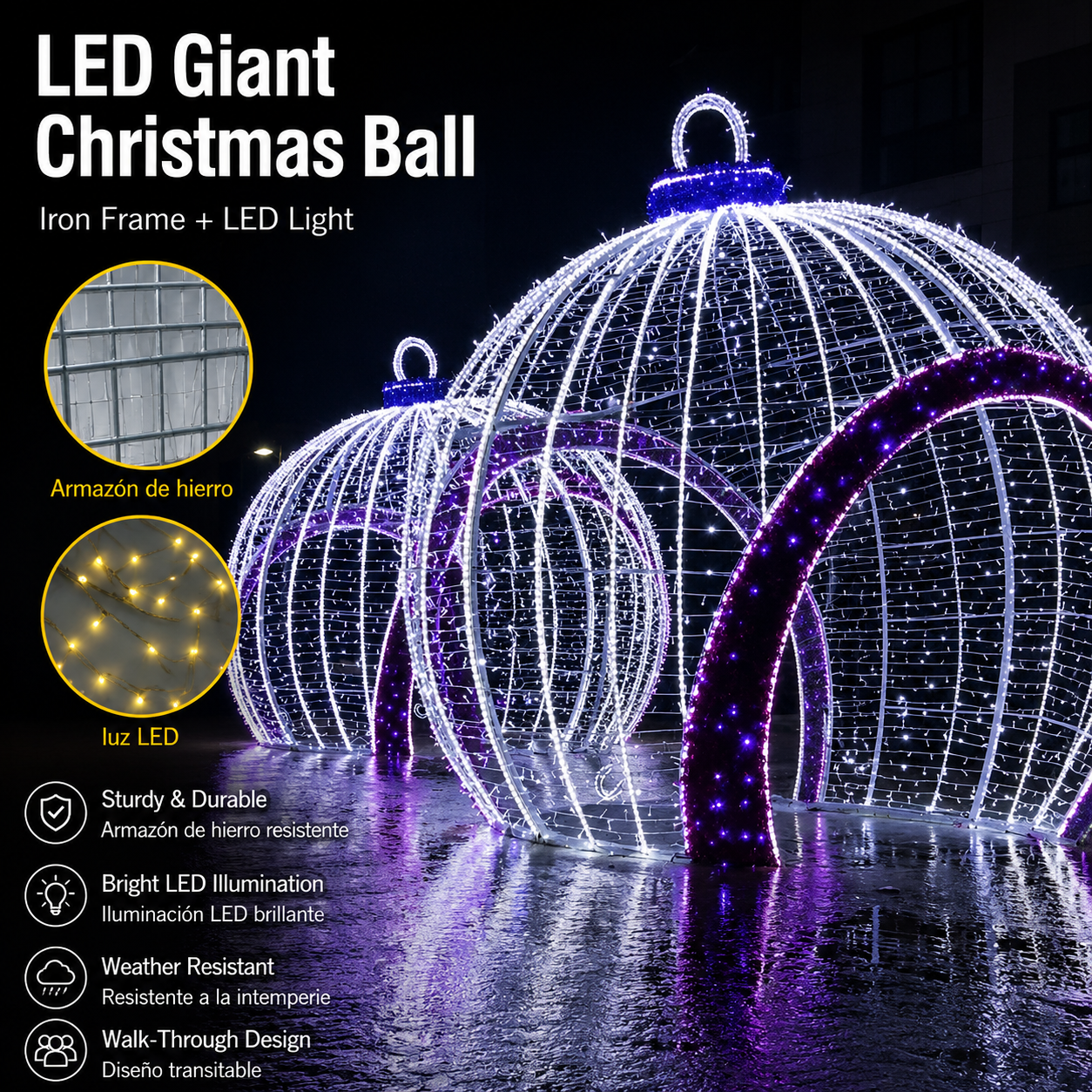 Commercial Holiday Lighting Solutions Walk-Through 3D LED White & Purple Christmas Ball | Premium Giant Festive Bauble Tunnel Multi-Pack
