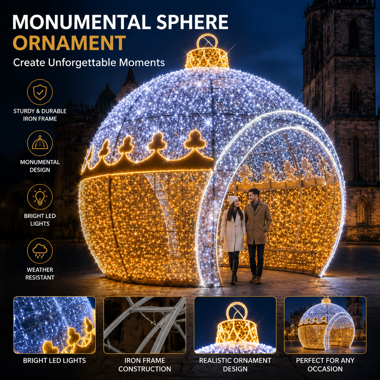 Commercial Holiday Lighting Solutions Walk-Through 3D LED Crown Sphere Ornament | Premium Giant Festive Royal Bauble Landmark