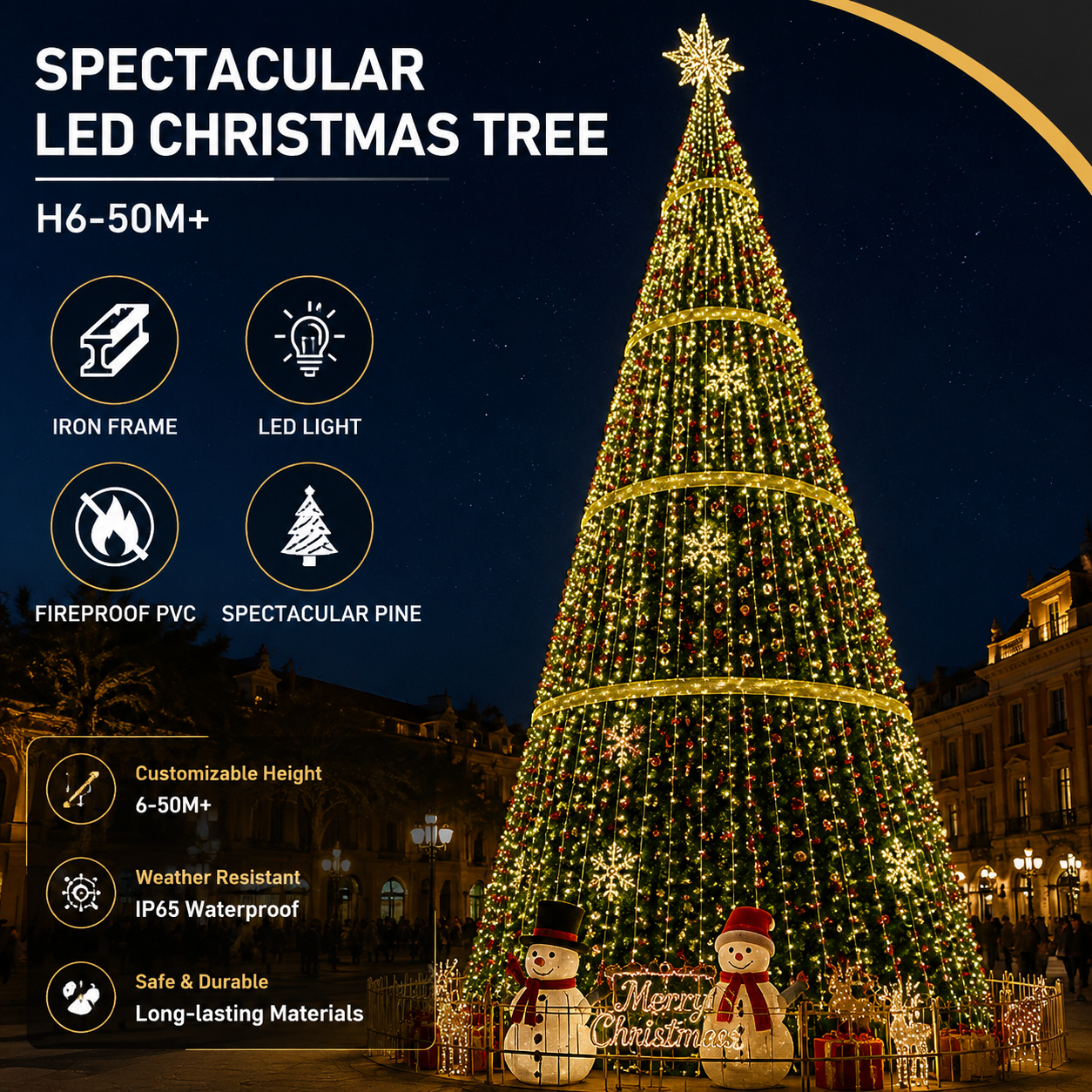 Commercial Holiday Lighting Solutions Giant LED Cross-Street Motif | Premium 8-Meter Warm Ribbon Matrix Luxury Conical Christmas Tree Landmark Display