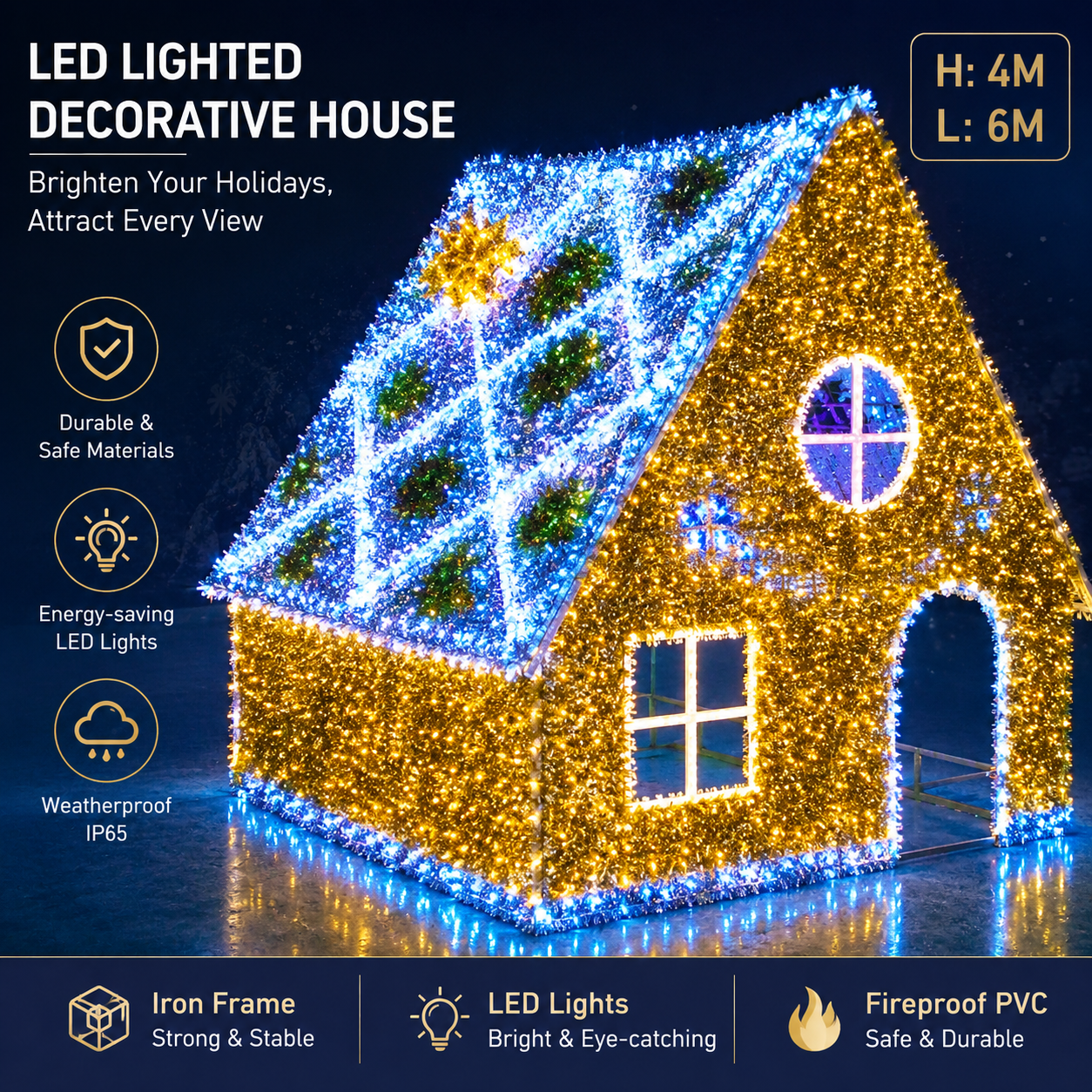 Commercial Holiday Lighting Solutions Giant 3D LED Decorative House Display | Premium 6-Meter Starry Cozy Cottage Plaza Walk-Through Landscape Landmark