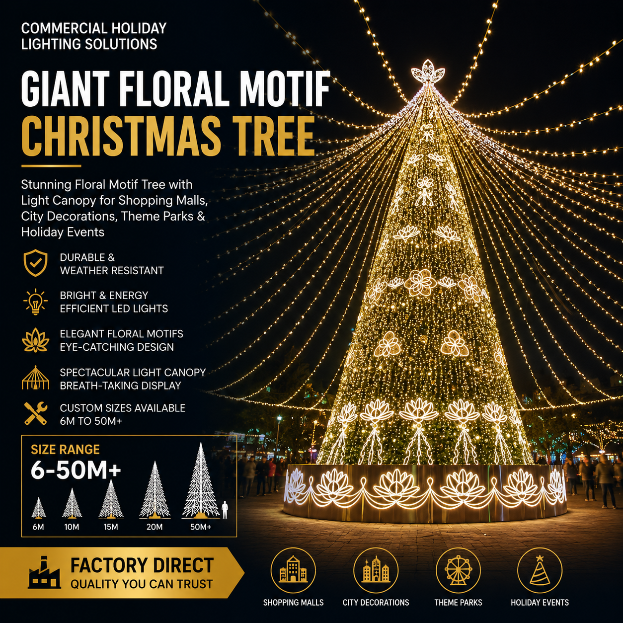 6m 10m 15m Commercial Large Outdoor Giant Floral Motif Christmas Tree with Light Canopy - Commercial Holiday Lighting Solutions for Shopping Malls, City Decorations, Theme Parks & Holiday Events