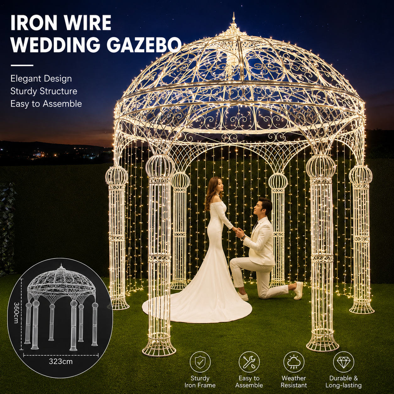 Professional Wedding Gazebo | Six-Post Wrought Iron Marquee – Heavy-Duty Architectural Landscape Pavilion for Luxury Outdoor Ceremonies, Garden Events, and Venue Decor