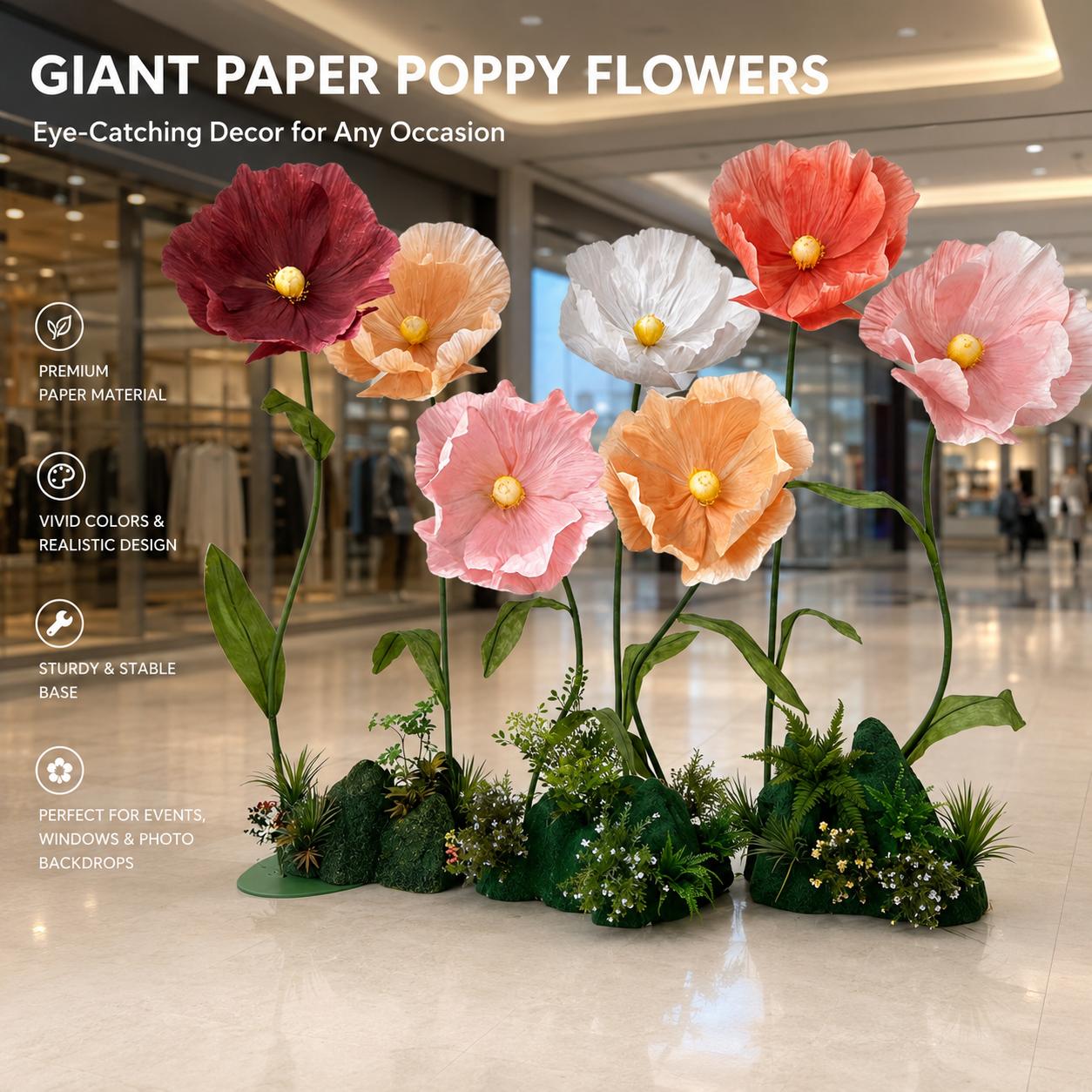 Giant Paper Poppy Flower Displays | Luxury Artificial Botanical Art for Commercial Visual Merchandising, Wedding Decor, and Event Backdrop Installations