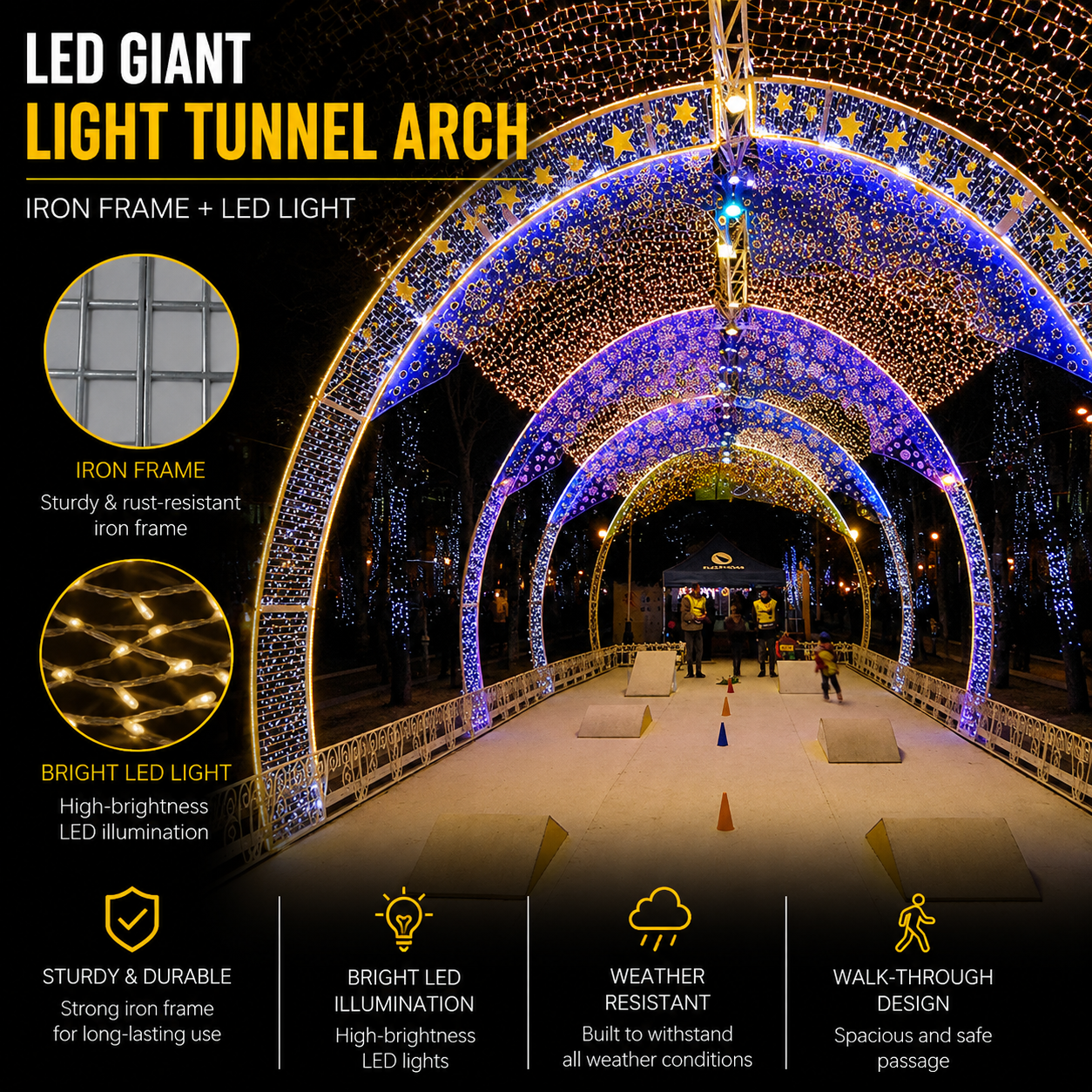 Commercial Holiday Lighting Solutions Walk-Through 3D LED Giant Light Tunnel Arch | Premium Starry Night Event Canopy Landmark