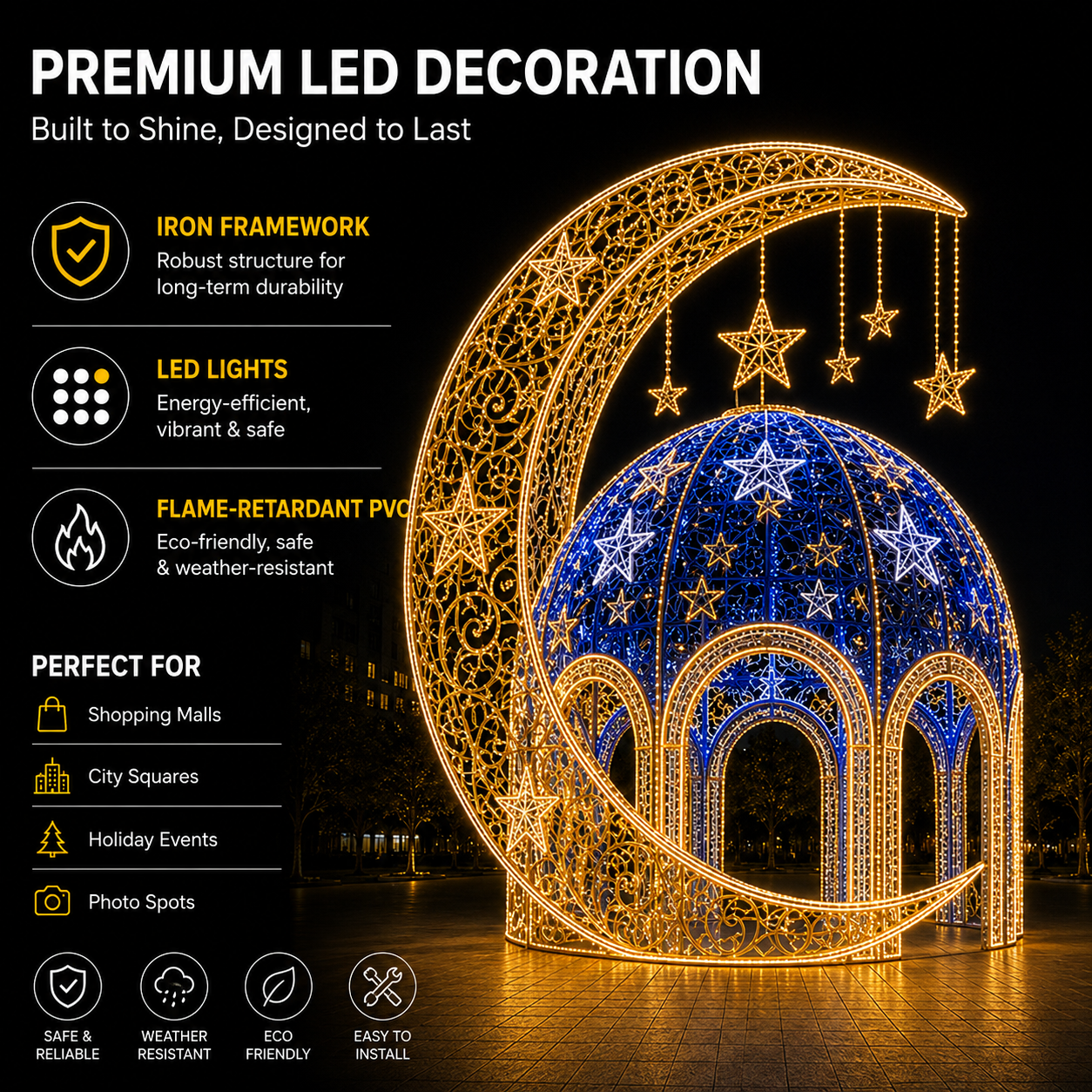 5m 6m 7mCommercial Walk-Through Ramadan Moon & Dome | Giant Outdoor 3D Eid Mosque Pavilion Motif Light for City Holiday Displays