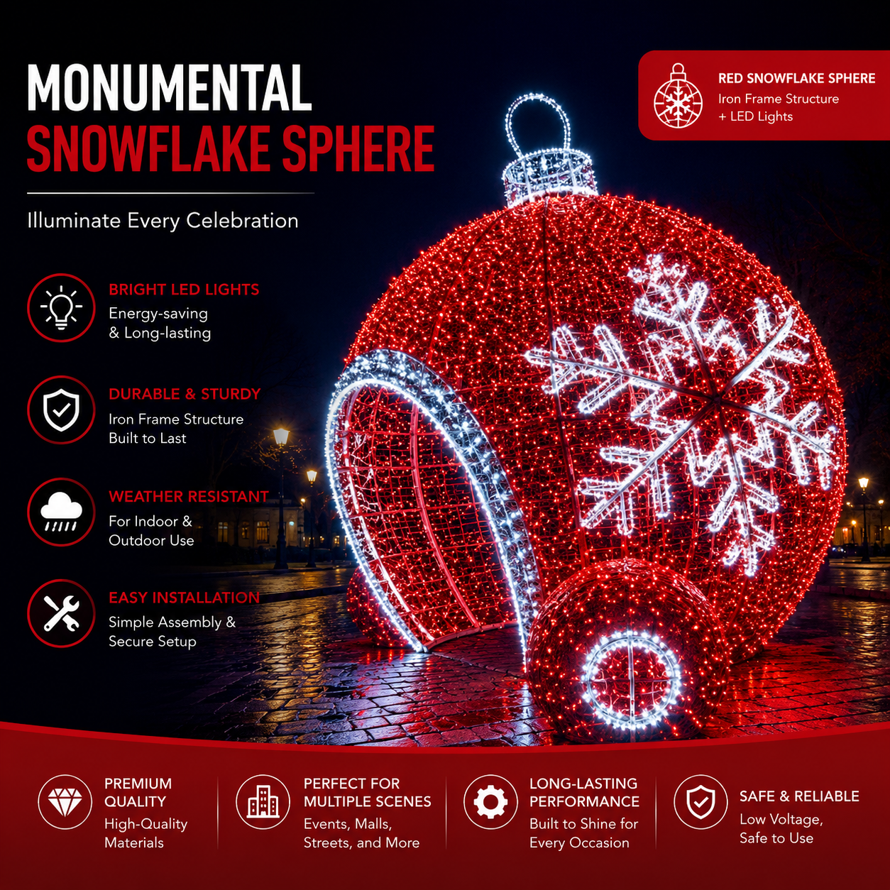 Commercial Holiday Lighting Solutions Walk-Through 3D LED Red Snowflake Sphere | Premium Giant Winter Wonderland Bauble Landmark