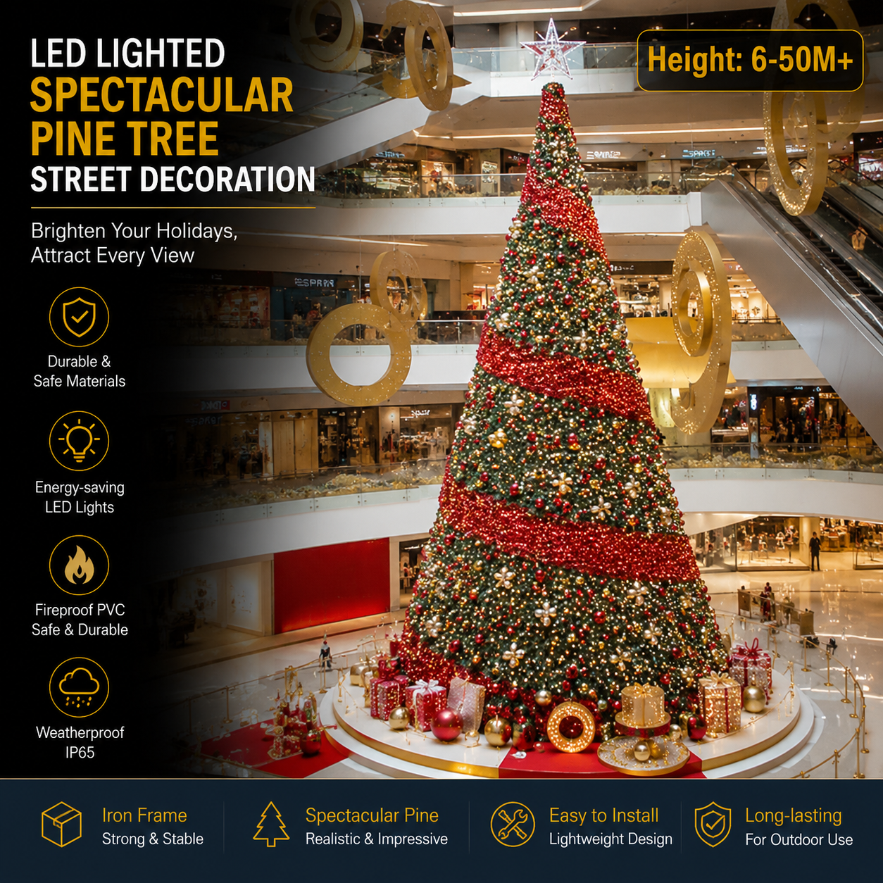Commercial Holiday Lighting Solutions | Master-Series Giant Ribbon Pine Tree for Shopping Malls