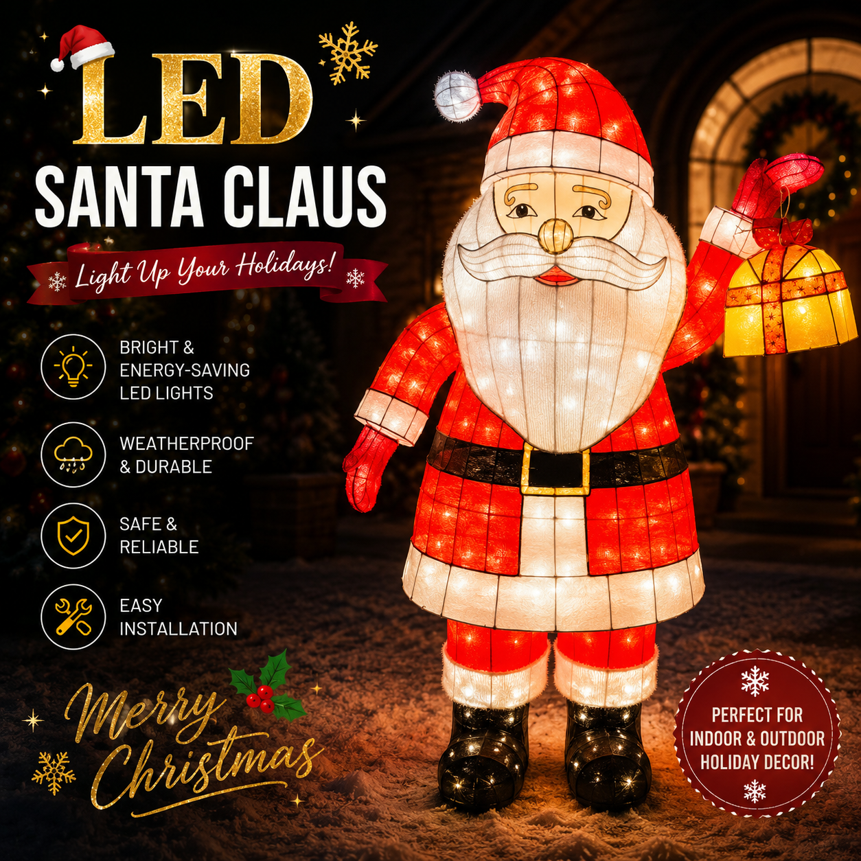 Commercial Holiday Lighting Solutions 3D LED Santa Claus holding Lantern | Large Silk Motif Display