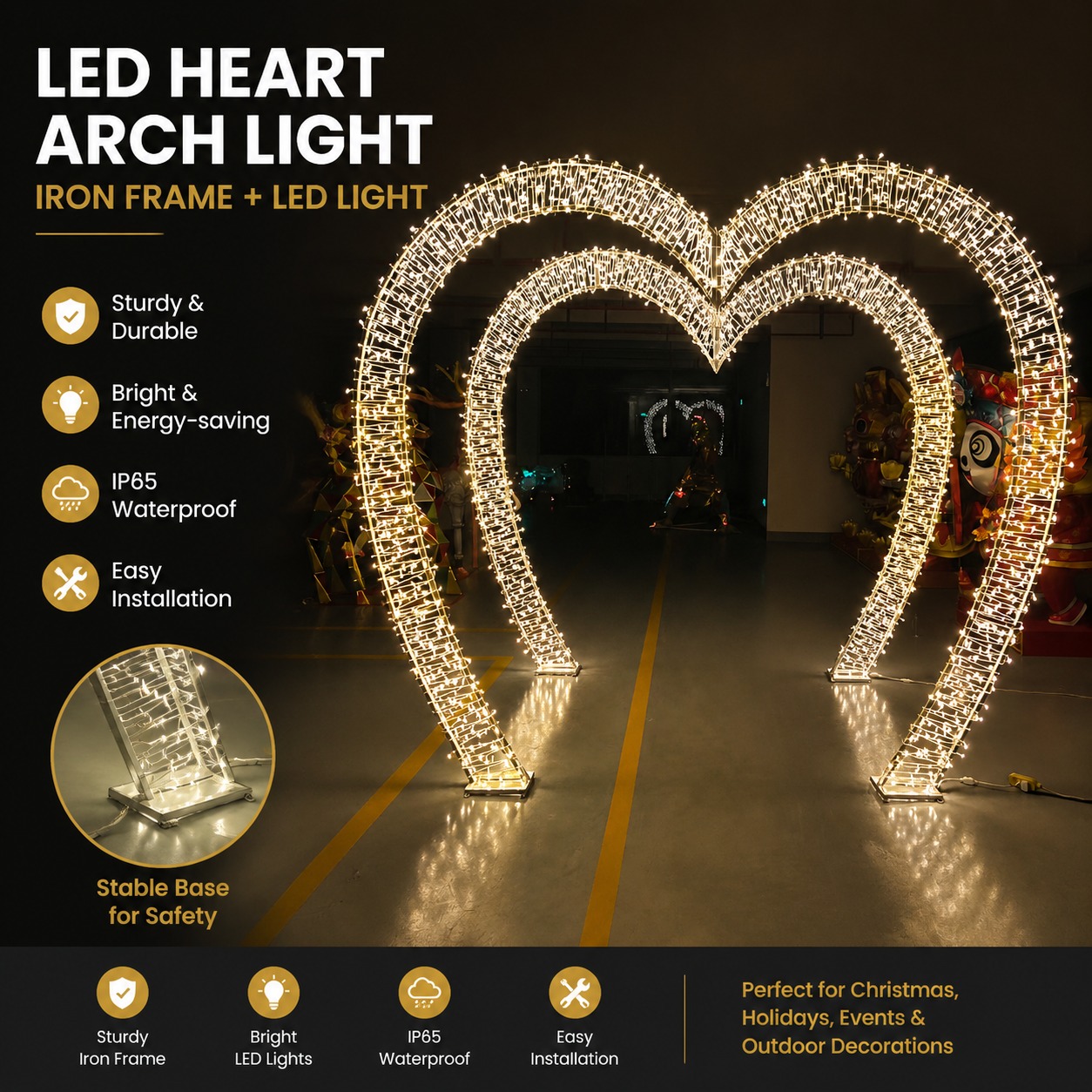 Commercial Holiday Lighting Solutions Walk-Through 3D LED Heart Arch | Premium Golden Nested Romantic Promenade Motif Gateway