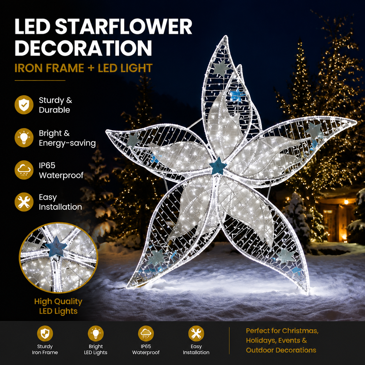 Commercial Holiday Lighting Solutions 3D LED Starflower Decoration | Premium White Botanical Festival Landscape Landmark