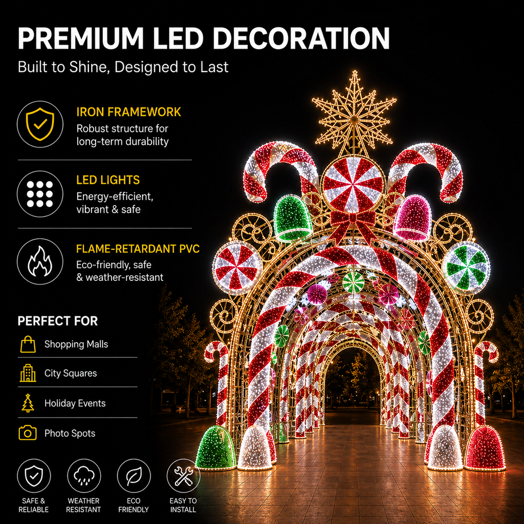 5m-20m (16ft-65ft) Commercial Christmas 3D LED Candy Cane Archway Tunnel