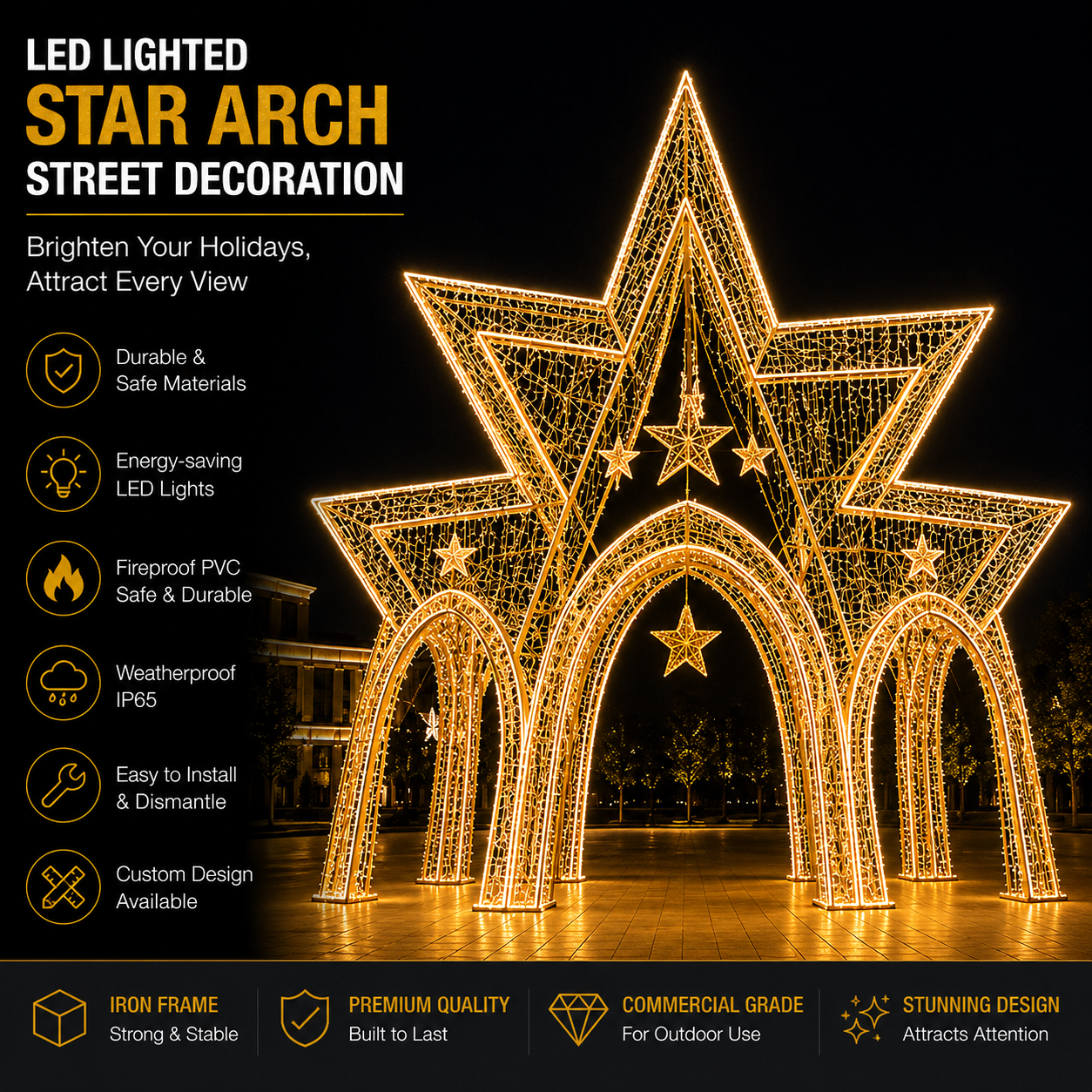 3m 4m 5m Commercial Walk-Through Star Pavilion | Giant Outdoor 3D Starry Arch Light for City Holiday Displays