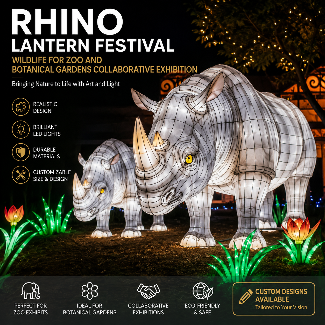 Bespoke Rhino Lanterns | Professional Wildlife Displays for Zoo & Botanical Exhibitions