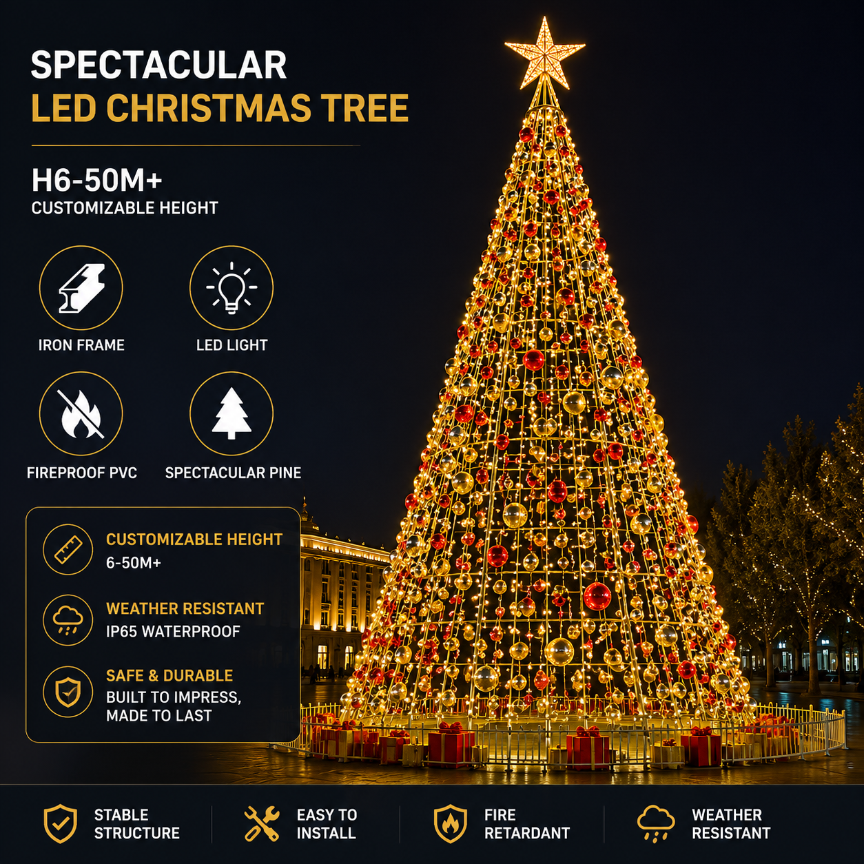 Commercial Holiday Lighting Solutions Spectacular Giant Pine Tree | Premium 6-50M+ LED Ornament Matrix Luxury Conical Christmas Tree Landmark Display