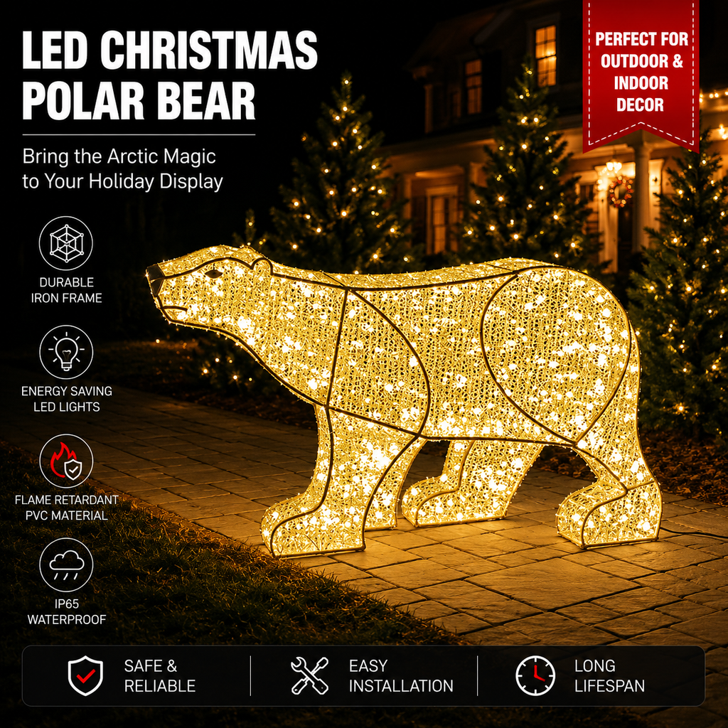 Commercial Holiday Lighting Solutions 3D LED Walking Polar Bears | Large Arctic Wildlife Motif Display