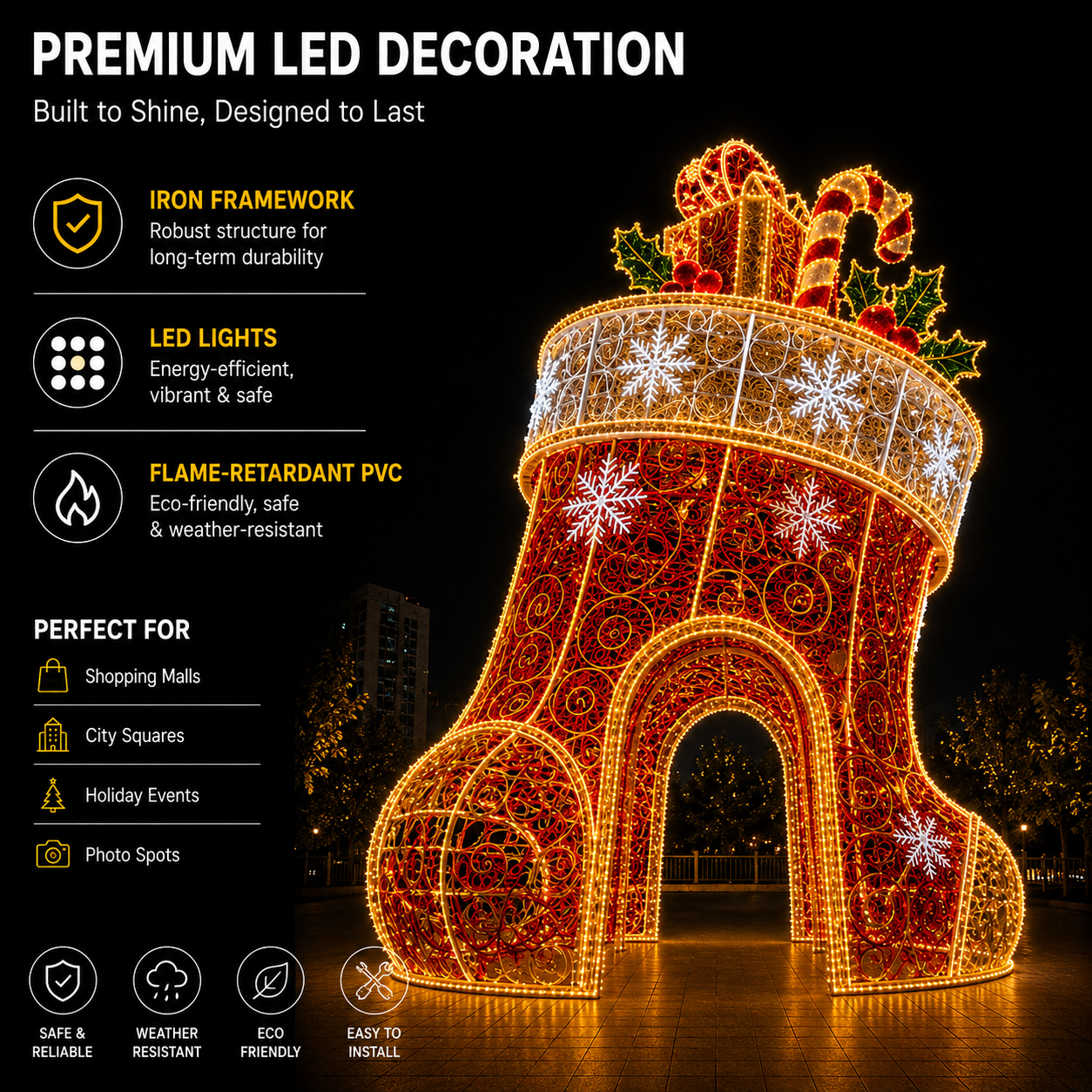 Commercial Holiday Lighting Solutions | 4M-6M Bespoke Giant LED Christmas Stocking Motif – FactoryDirect Architectural Grade Festive Walk-Through Sculpture for Shopping Malls and Public Plazas