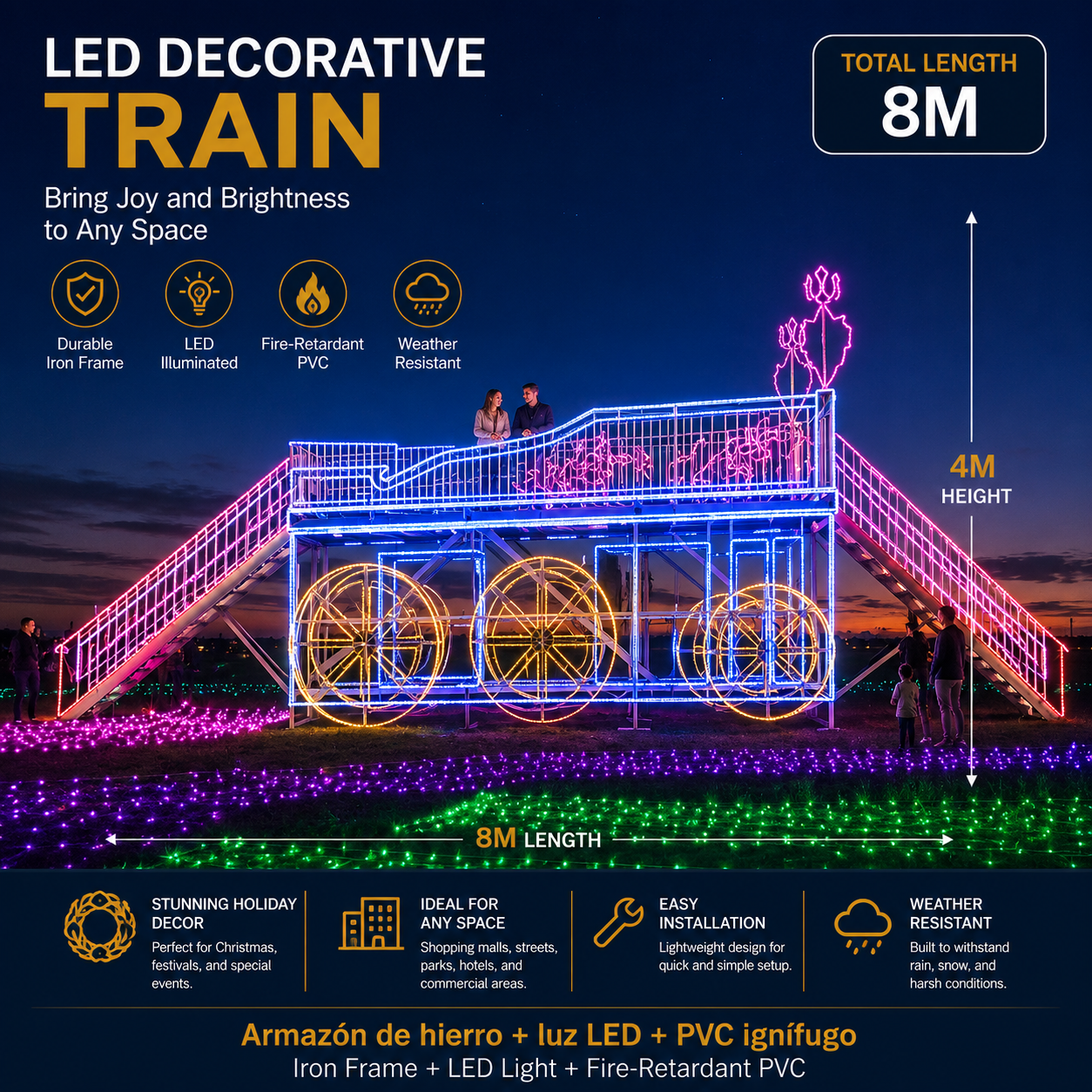 Product Title Commercial Holiday Lighting Solutions Giant 3D LED Decorative Train Display | Premium 8-Meter Walk-Through Double-Decker Observation Express Plaza Landscape Landmark