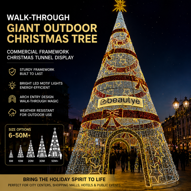 Walk-Through Giant Outdoor Christmas Tree | Commercial Framework Christmas Tunnel Display | Large LED Motif Lights with Arch Entry for City Holiday Displays