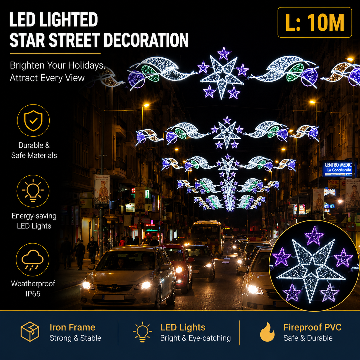 Commercial Holiday Lighting Solutions Giant LED Cross-Street Motif | Premium 10-Meter Celestial Starburst Canopy Sky Festival Over-the-Road Architectural Garland Illumination