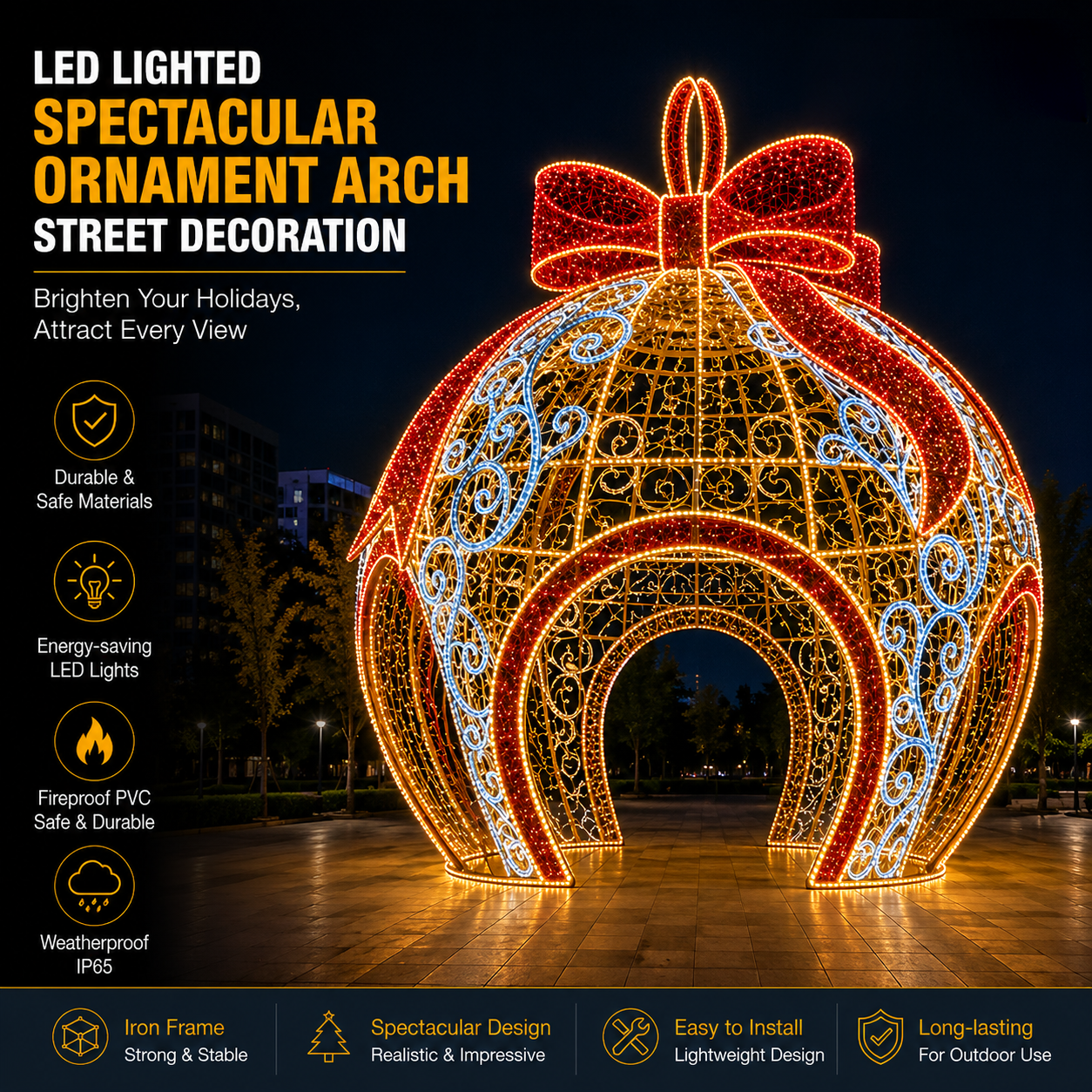 3m 4m 5m  Commercial Large Outdoor Giant Walk-Through Christmas Ball Sculpture with Red Bowknot - Commercial Holiday Lighting Solutions for Shopping Malls, City Decorations, Theme Parks & Holiday Events