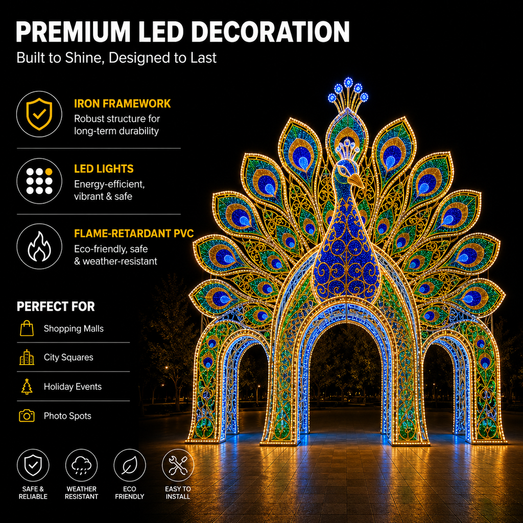 Pavo Real Gigante Luminoso Comercial Transitable | Pabellón de Arco con Motivo de Pavo Real LED 3D para Exposiciones Festivas en la Ciudad