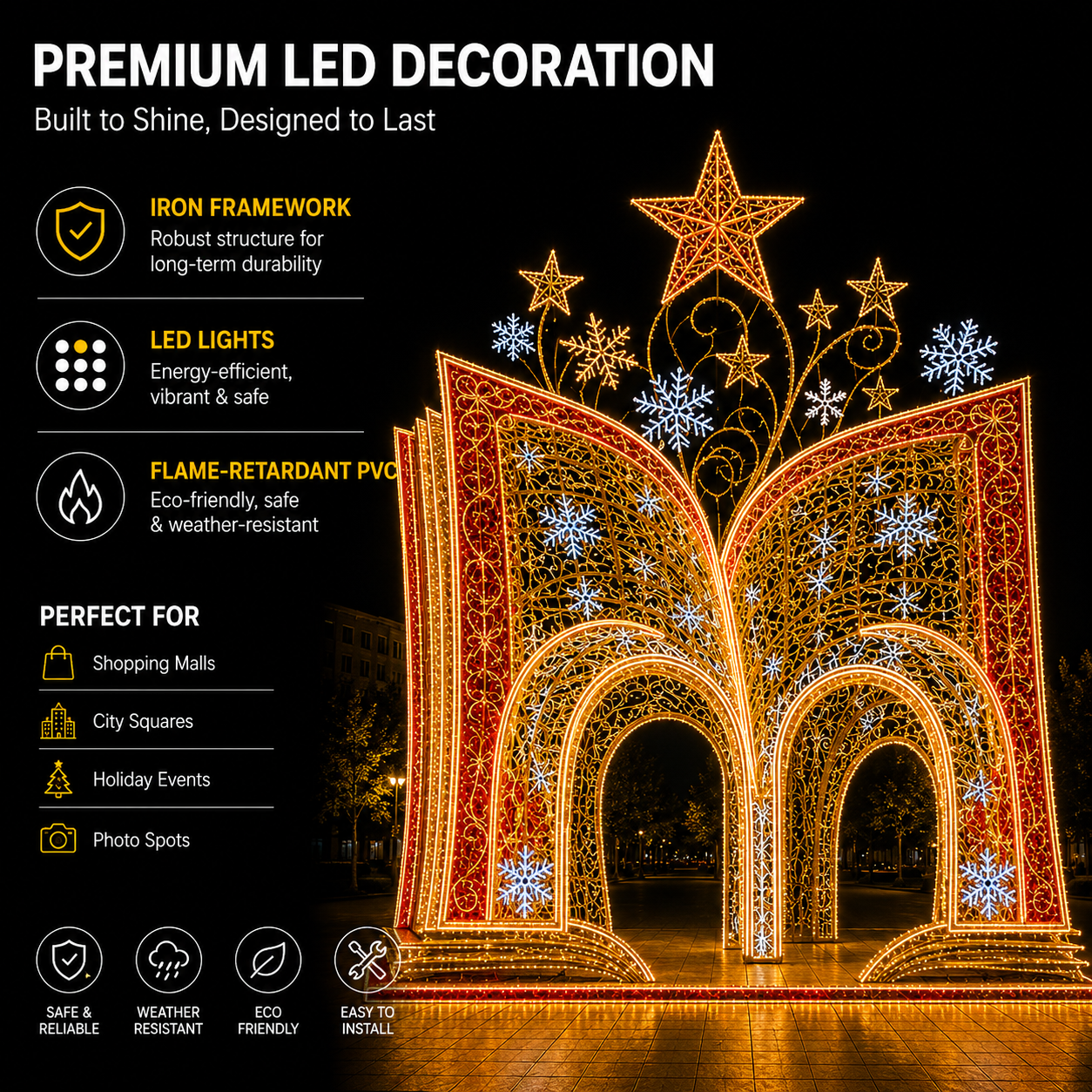 4m 5m 6m Commercial Walk-Through Open Book Arch | Giant Outdoor 3D Storybook Motif Light for City Holiday Displays