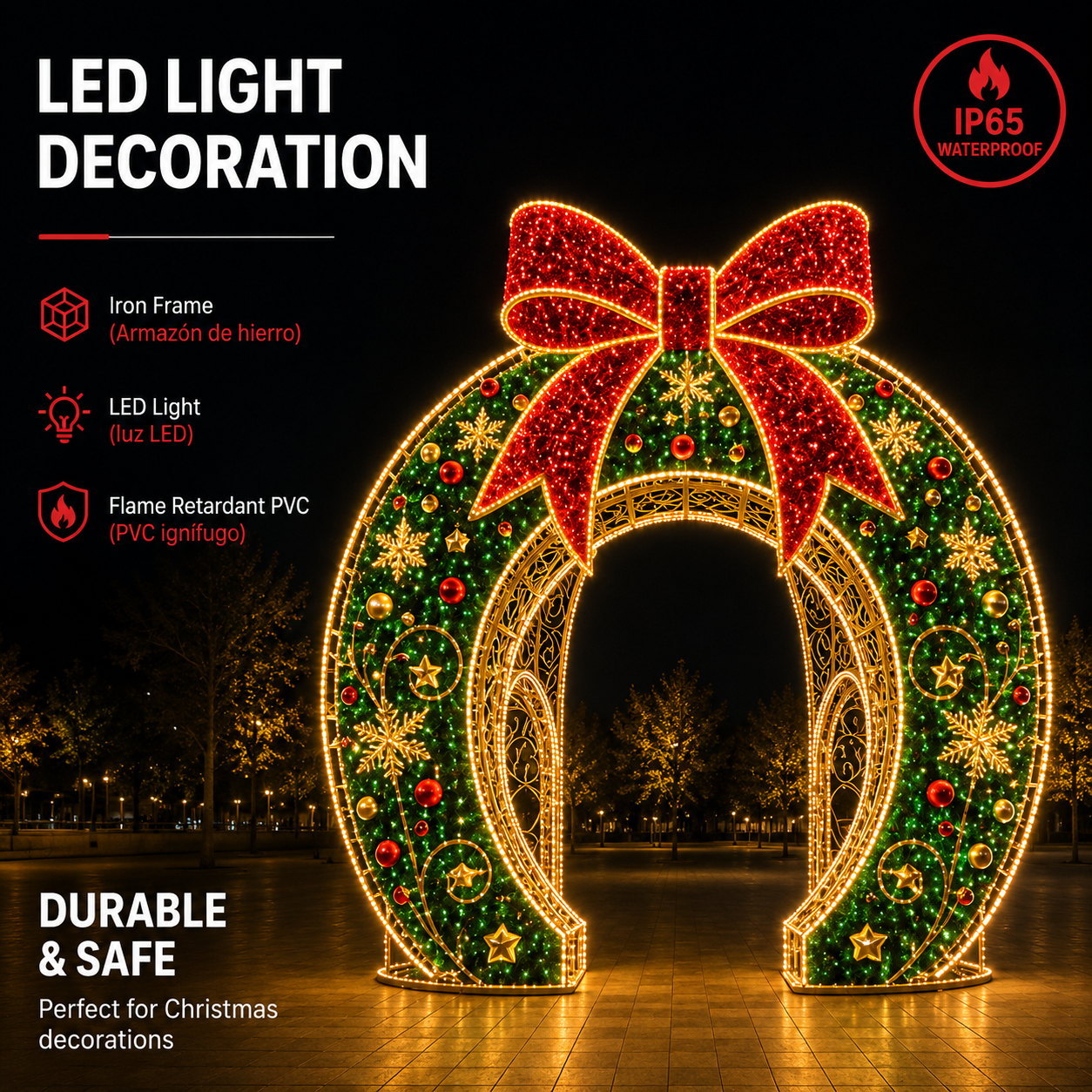 3m 4m 5m Commercial Walk-Through Christmas Wreath | Giant Outdoor 3D Bow Pavilion Light for City Holiday Displays