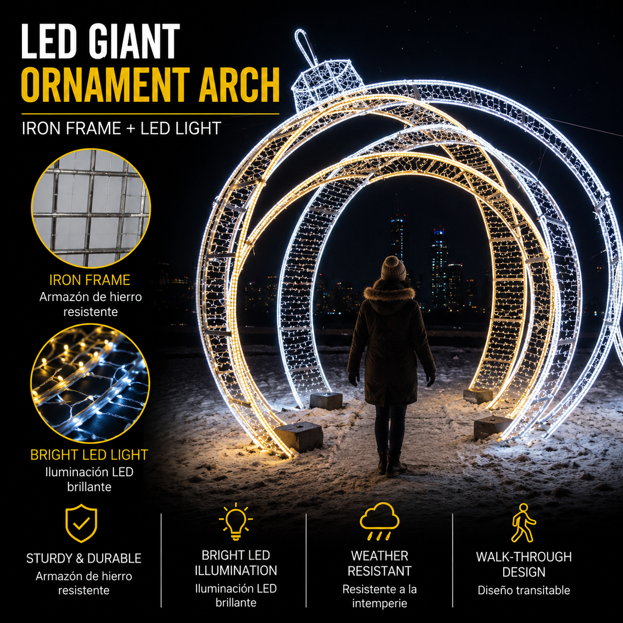 Commercial Holiday Lighting Solutions Walk-Through 3D LED Festoon Gateway | Premium Giant Bauble Archway Landmark
