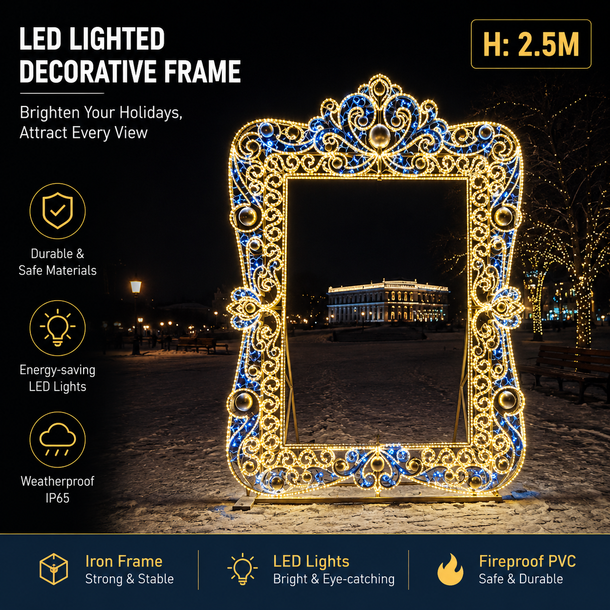 Commercial Holiday Lighting Solutions Giant 3D LED Decorative Frame | Premium 2.5-Meter Baroque Royal Plaza Interactive Walk-Through Photo-Op Landmark