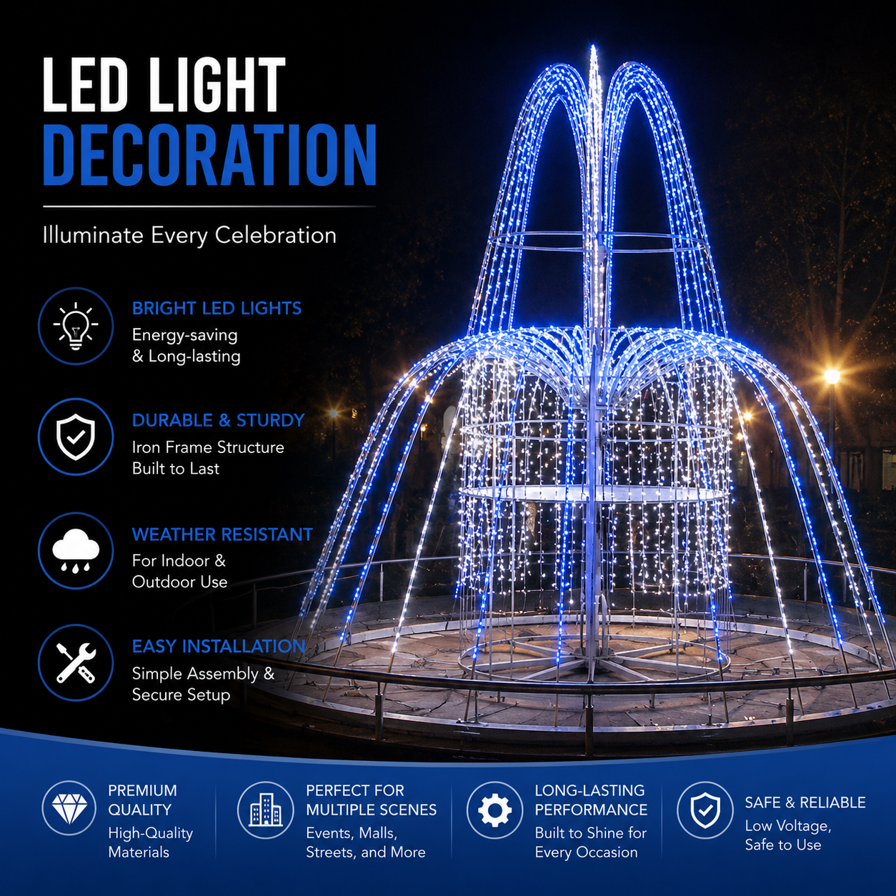 Commercial Holiday Lighting Solutions 3D LED Blossom Fountain Arch | Premium Giant Outdoor Architectural Light Sculpture